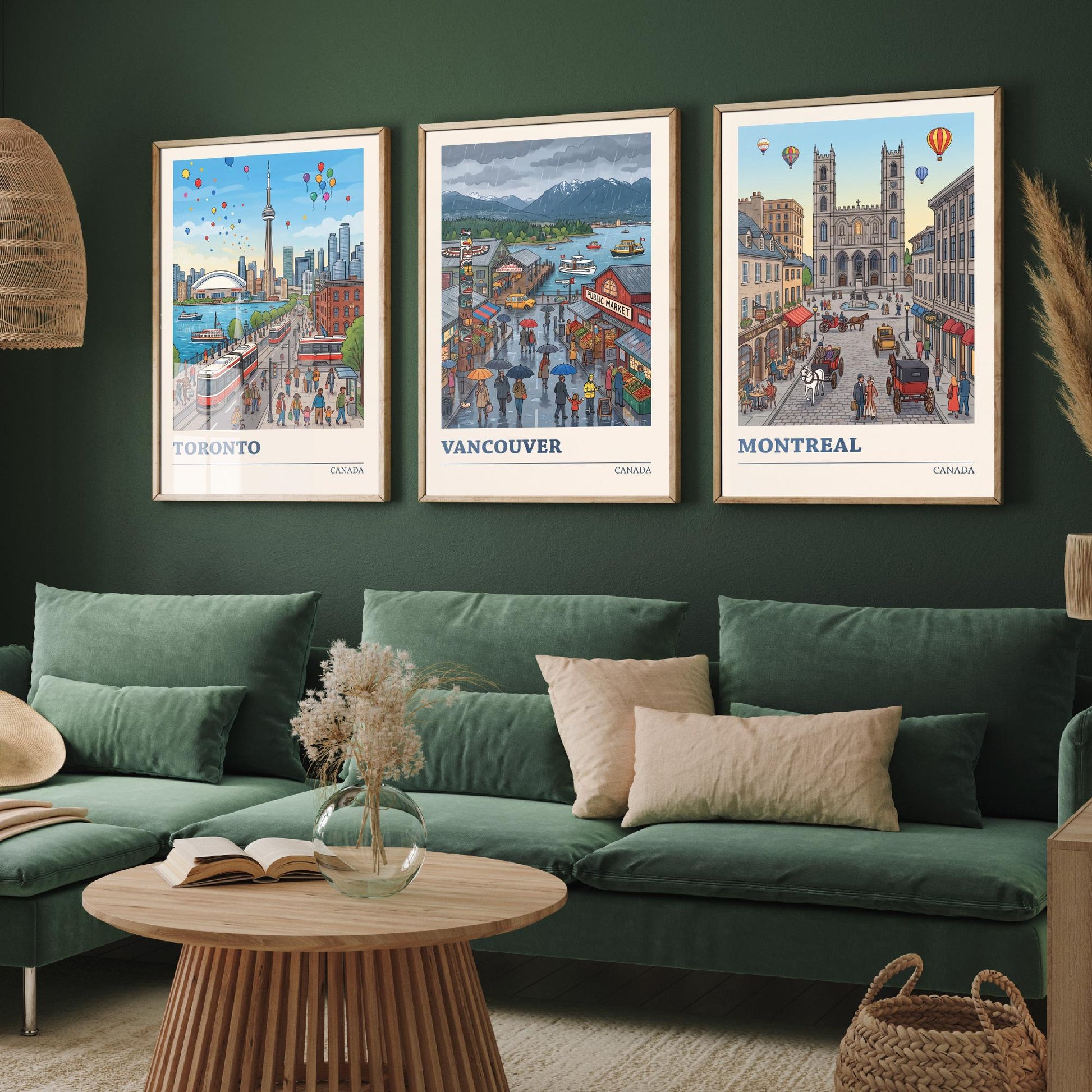 Canada Set of Three Art Prints - Toronto, Vancouver, Montreal - Colourful City Travel Posters - Storybook Illustration V3