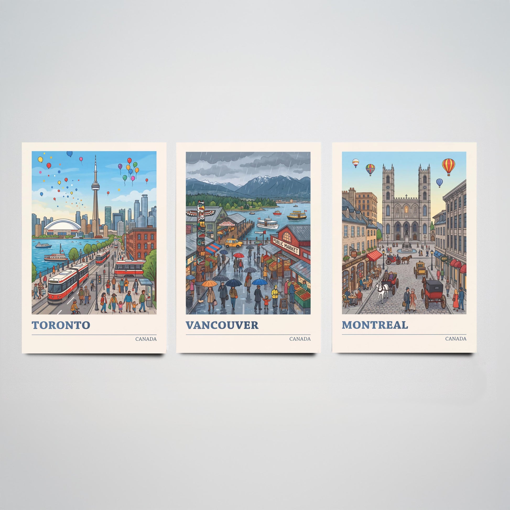 Canada Set of Three Art Prints - Toronto, Vancouver, Montreal - Colourful City Travel Posters - Storybook Illustration V3