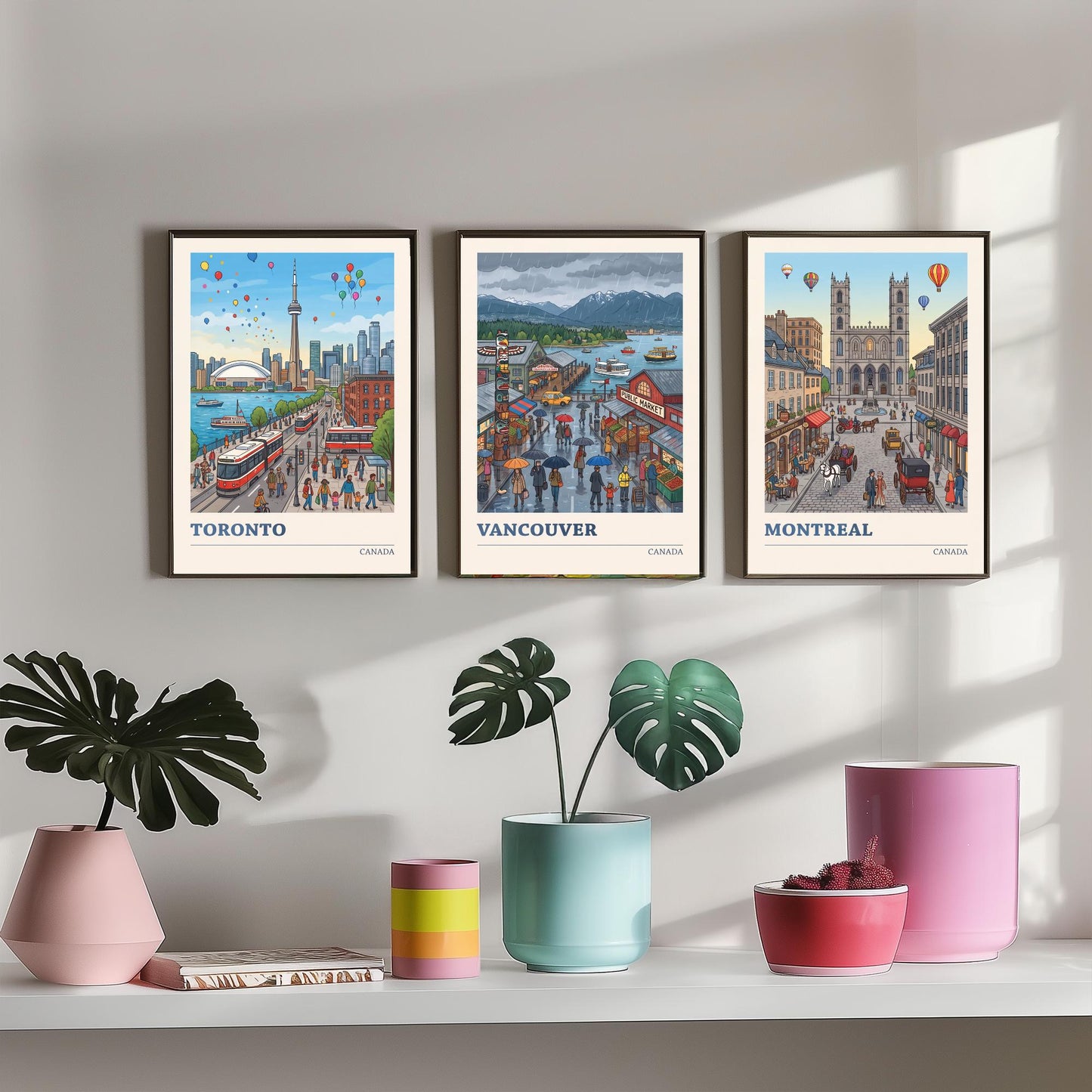 Canada Set of Three Art Prints - Toronto, Vancouver, Montreal - Colourful City Travel Posters - Storybook Illustration V3