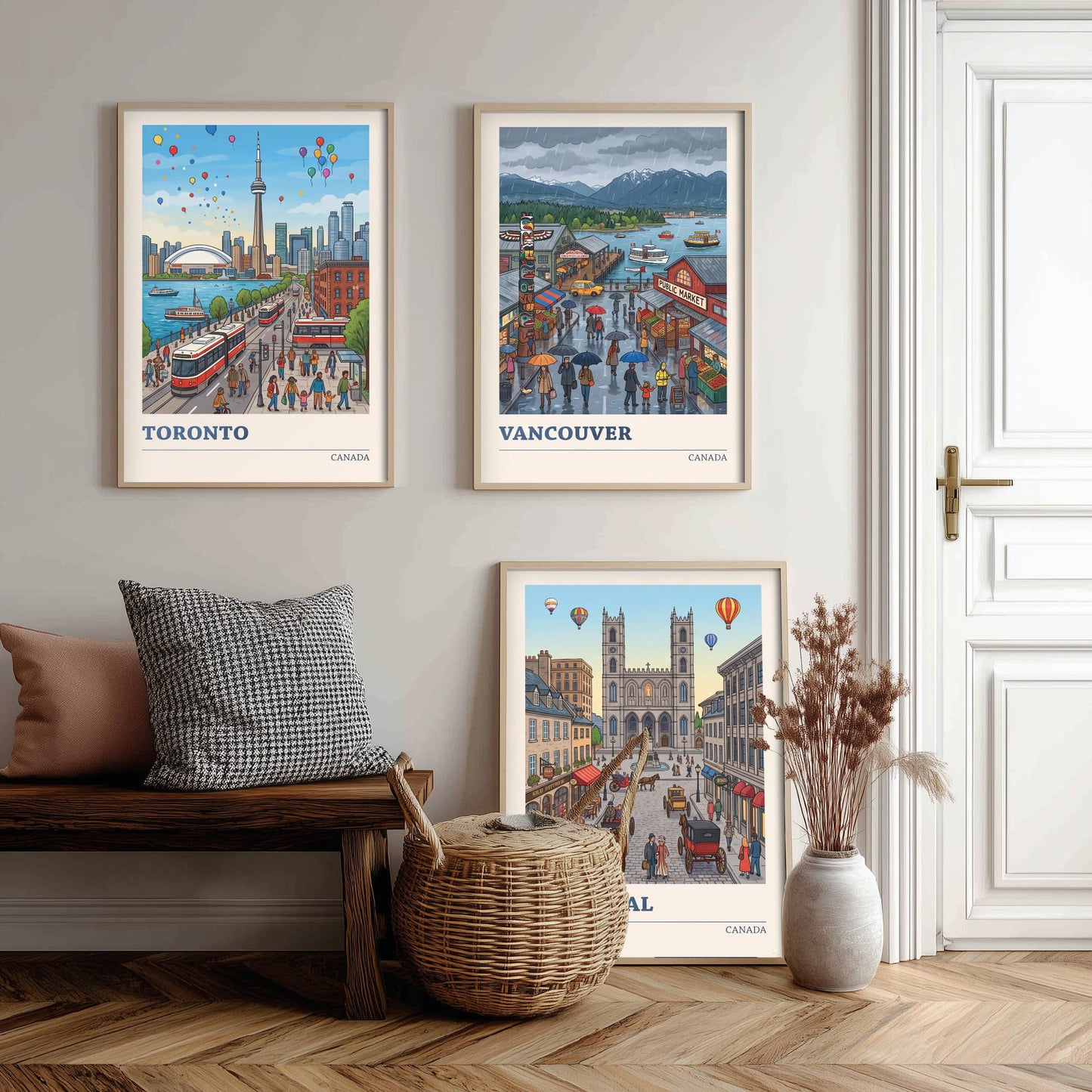 Canada Set of Three Art Prints - Toronto, Vancouver, Montreal - Colourful City Travel Posters - Storybook Illustration V3