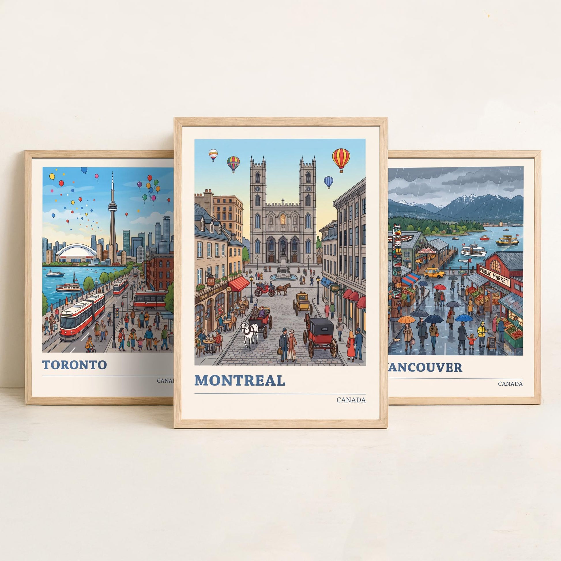 Canada Set of Three Art Prints - Toronto, Vancouver, Montreal - Colourful City Travel Posters - Storybook Illustration V3
