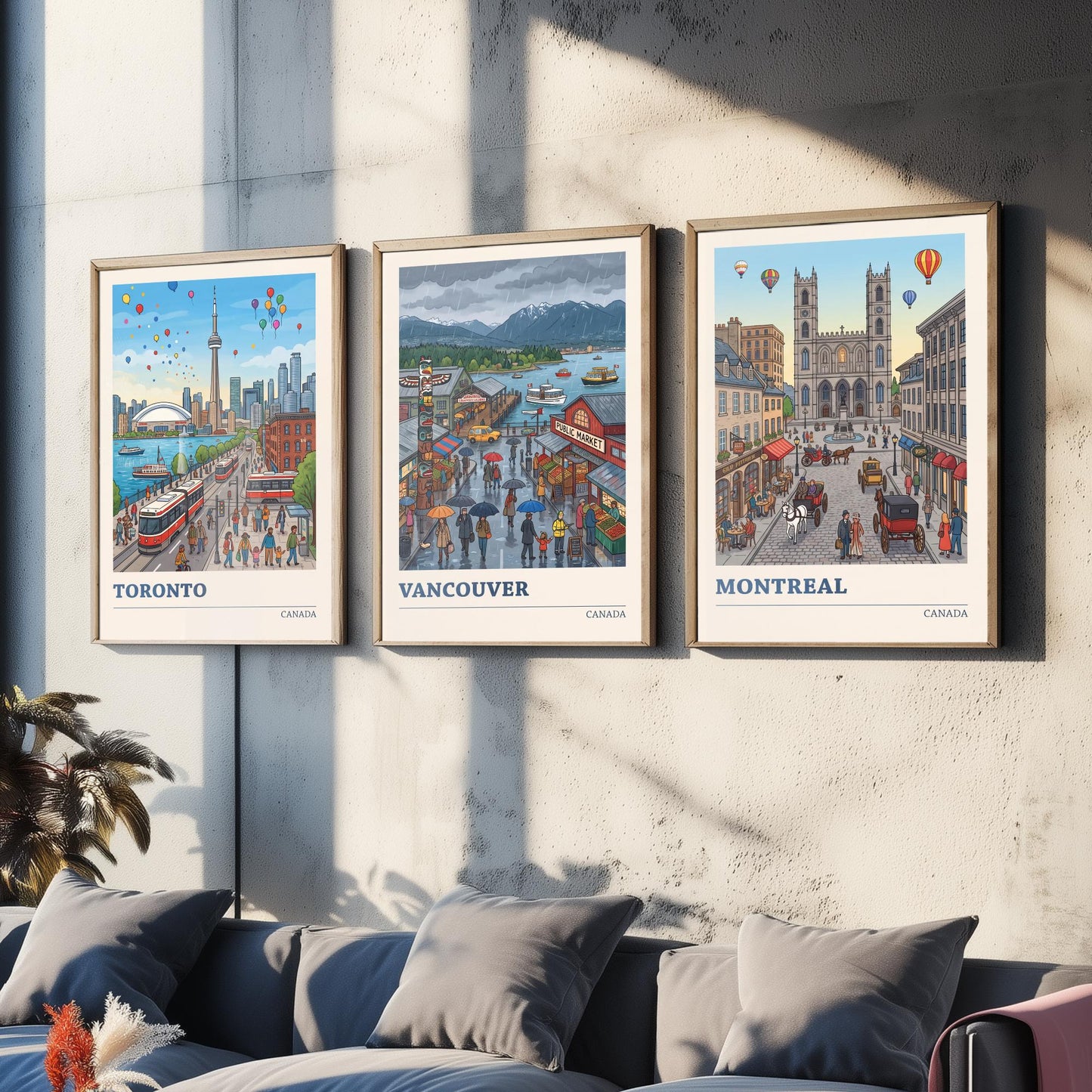 Canada Set of Three Art Prints - Toronto, Vancouver, Montreal - Colourful City Travel Posters - Storybook Illustration V3