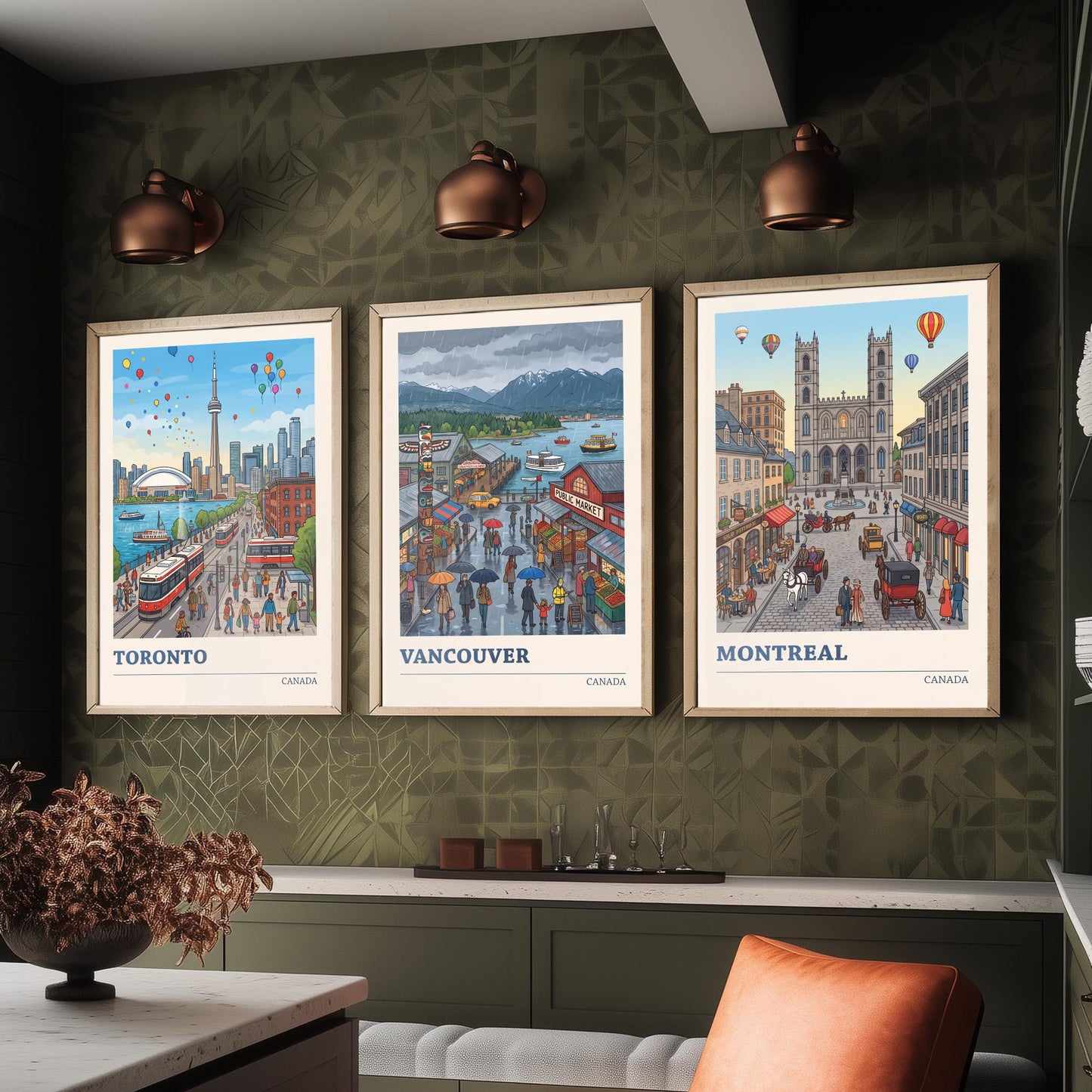 Canada Set of Three Art Prints - Toronto, Vancouver, Montreal - Colourful City Travel Posters - Storybook Illustration V3