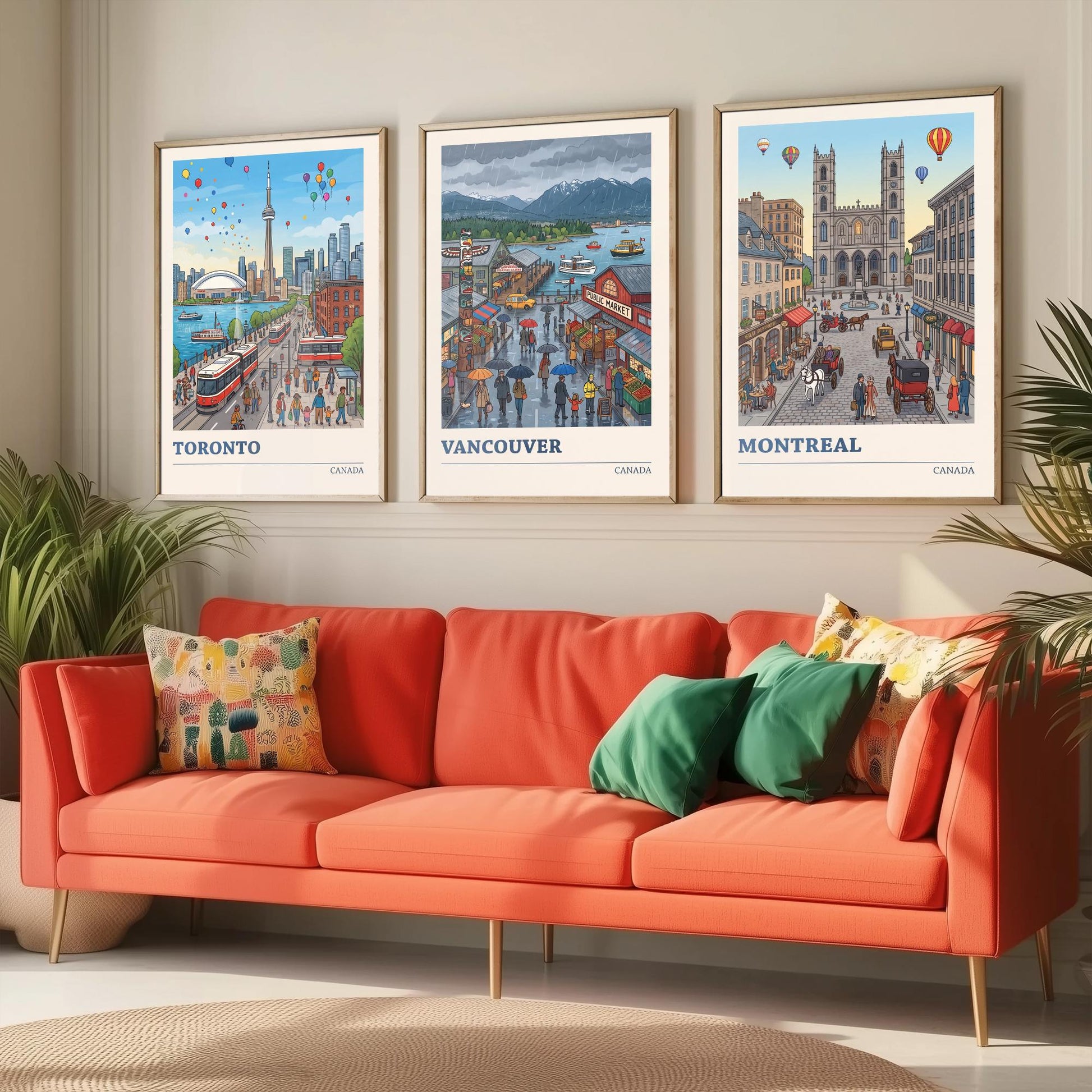 Canada Set of Three Art Prints - Toronto, Vancouver, Montreal - Colourful City Travel Posters - Storybook Illustration V3