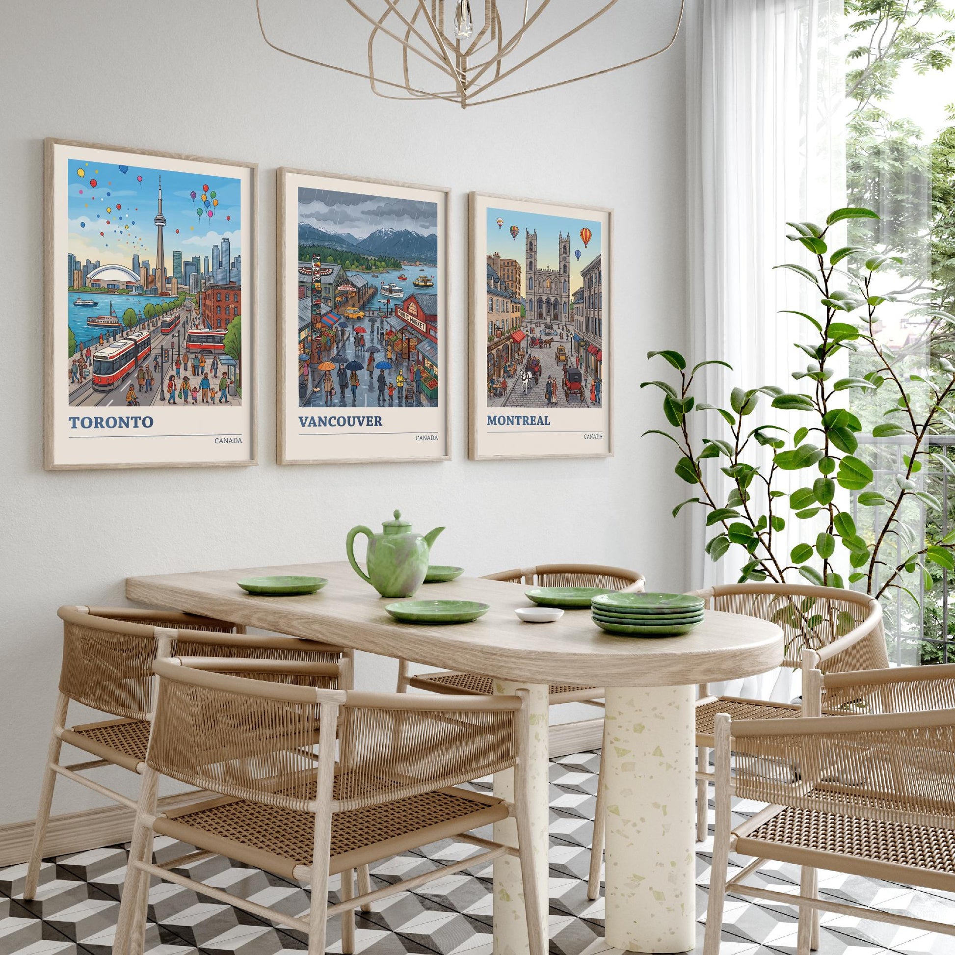 Canada Set of Three Art Prints - Toronto, Vancouver, Montreal - Colourful City Travel Posters - Storybook Illustration V3
