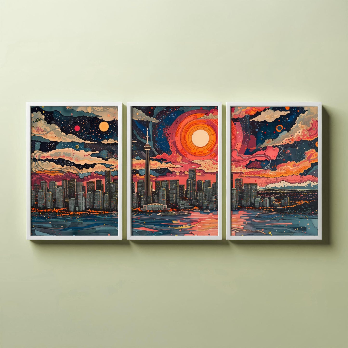 Vancouver Skyline Set of Three Art Prints - Colourful Big Sun Cityscape - Psychedelic Line Illustration Poster Canada Wall Decor
