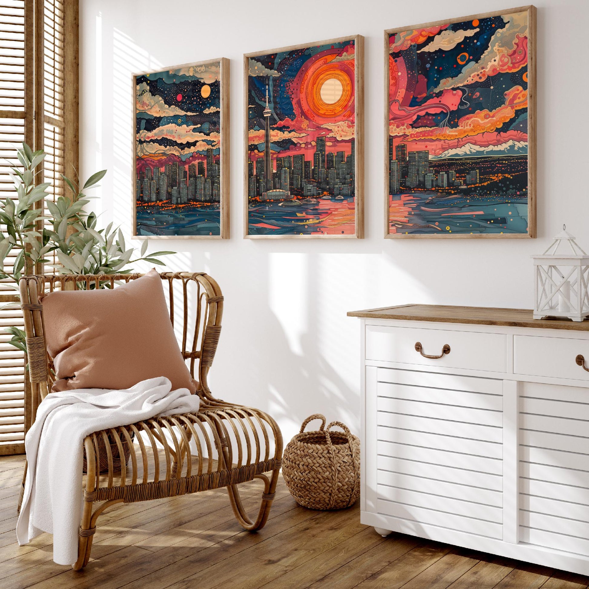 Vancouver Skyline Set of Three Art Prints - Colourful Big Sun Cityscape - Psychedelic Line Illustration Poster Canada Wall Decor