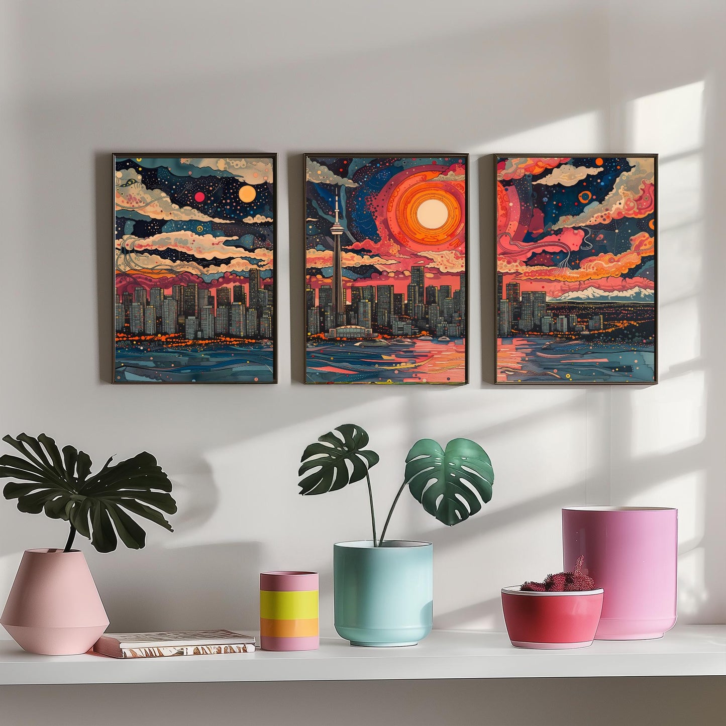 Vancouver Skyline Set of Three Art Prints - Colourful Big Sun Cityscape - Psychedelic Line Illustration Poster Canada Wall Decor
