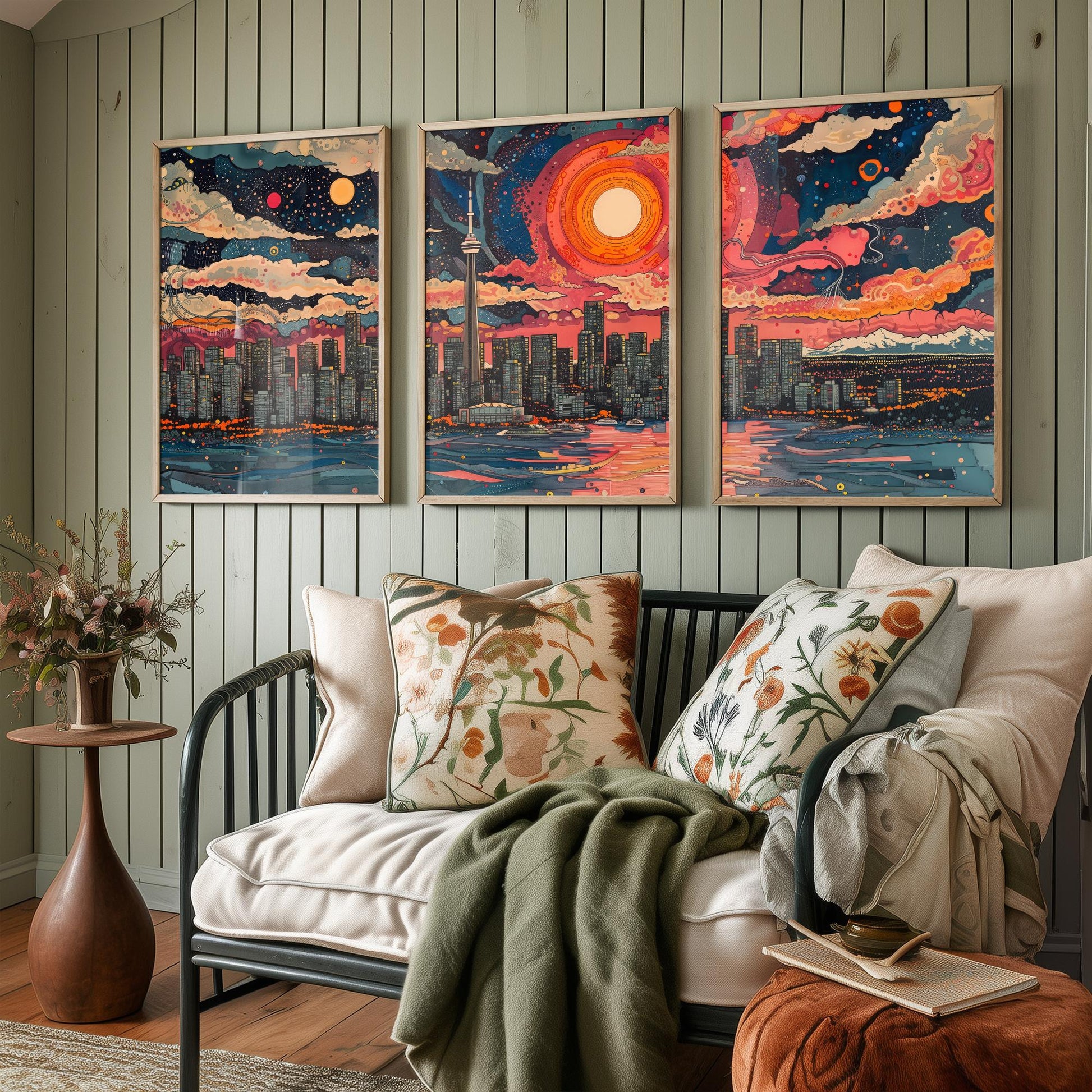 Vancouver Skyline Set of Three Art Prints - Colourful Big Sun Cityscape - Psychedelic Line Illustration Poster Canada Wall Decor