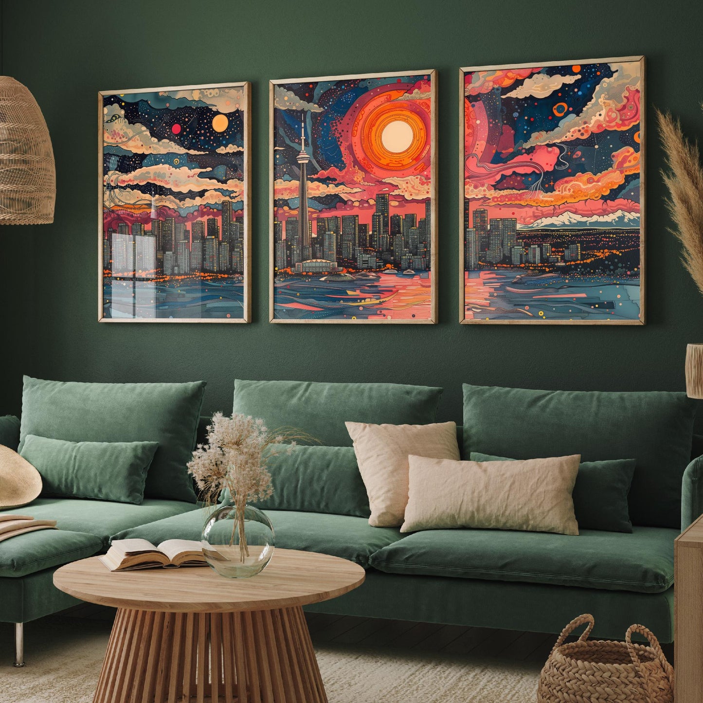 Vancouver Skyline Set of Three Art Prints - Colourful Big Sun Cityscape - Psychedelic Line Illustration Poster Canada Wall Decor