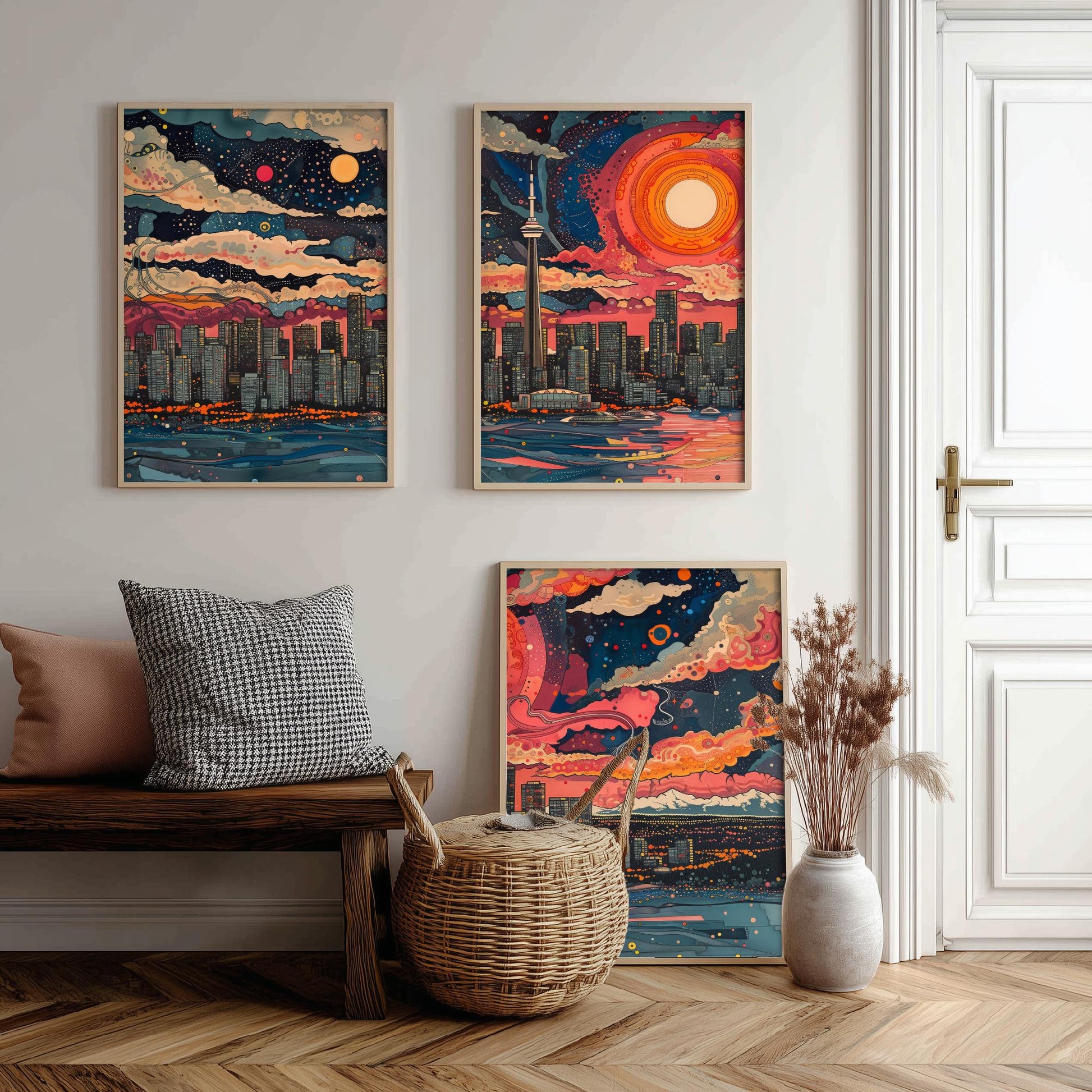 Vancouver Skyline Set of Three Art Prints - Colourful Big Sun Cityscape - Psychedelic Line Illustration Poster Canada Wall Decor