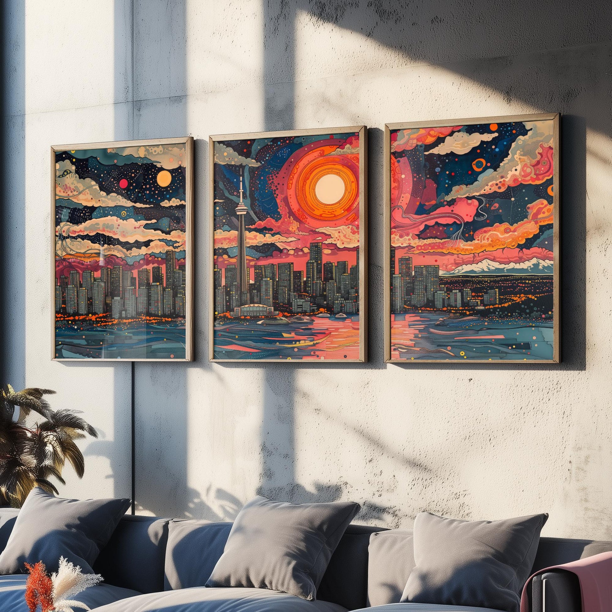 Vancouver Skyline Set of Three Art Prints - Colourful Big Sun Cityscape - Psychedelic Line Illustration Poster Canada Wall Decor