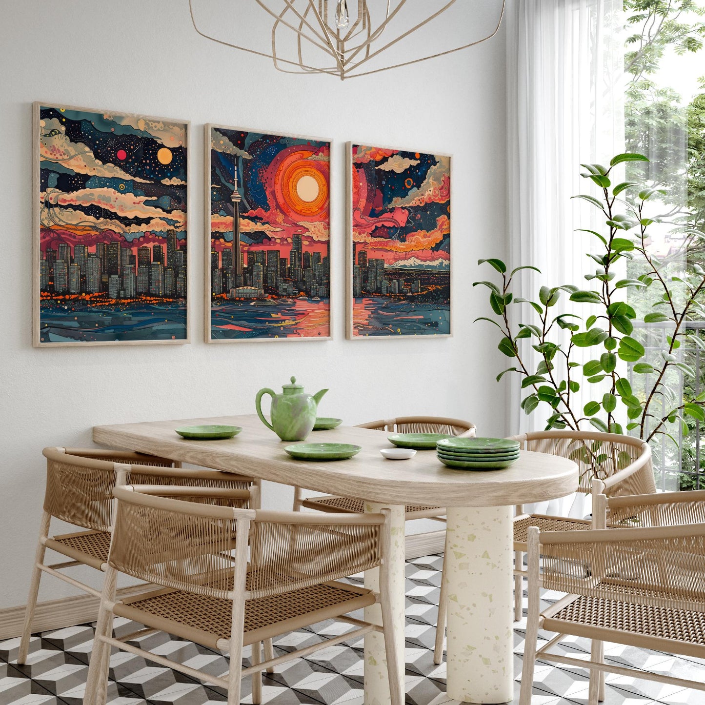 Vancouver Skyline Set of Three Art Prints - Colourful Big Sun Cityscape - Psychedelic Line Illustration Poster Canada Wall Decor