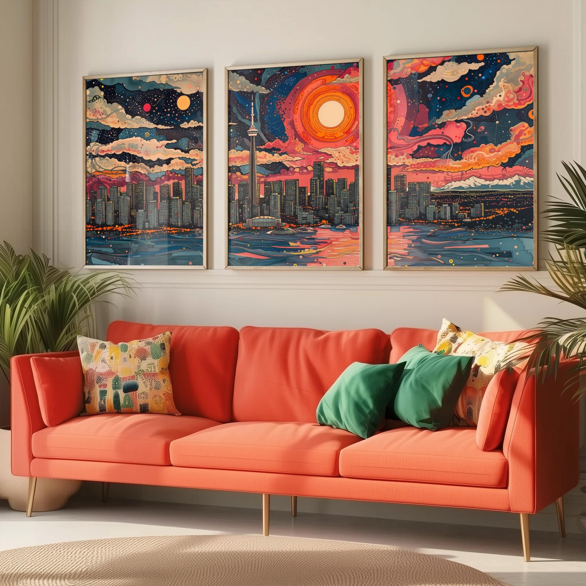 Vancouver Skyline Set of Three Art Prints - Colourful Big Sun Cityscape - Psychedelic Line Illustration Poster Canada Wall Decor