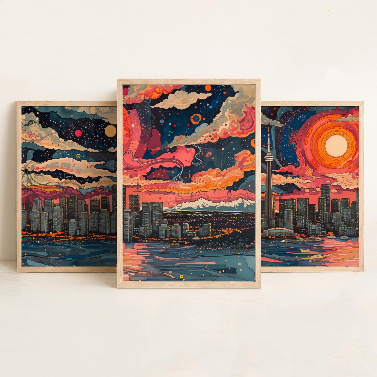 Vancouver Skyline Set of Three Art Prints - Colourful Big Sun Cityscape - Psychedelic Line Illustration Poster Canada Wall Decor
