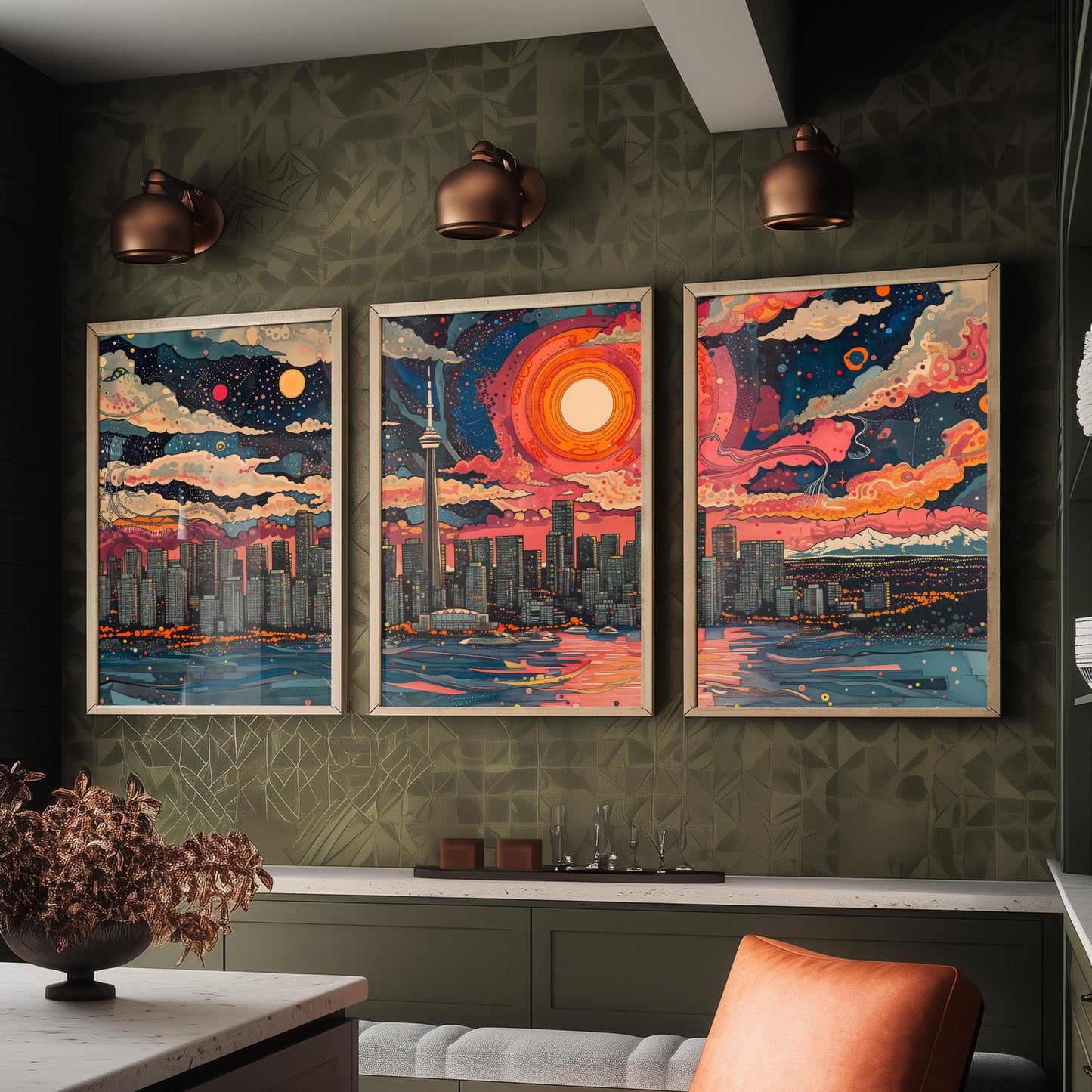 Vancouver Skyline Set of Three Art Prints - Colourful Big Sun Cityscape - Psychedelic Line Illustration Poster Canada Wall Decor