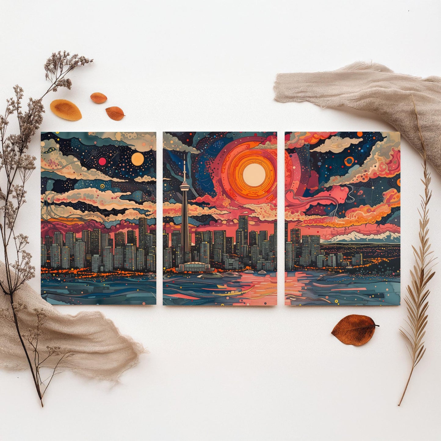 Vancouver Skyline Set of Three Art Prints - Colourful Big Sun Cityscape - Psychedelic Line Illustration Poster Canada Wall Decor