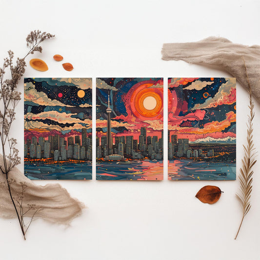Vancouver Skyline Set of Three Art Prints - Colourful Big Sun Cityscape - Psychedelic Line Illustration Poster Canada Wall Decor