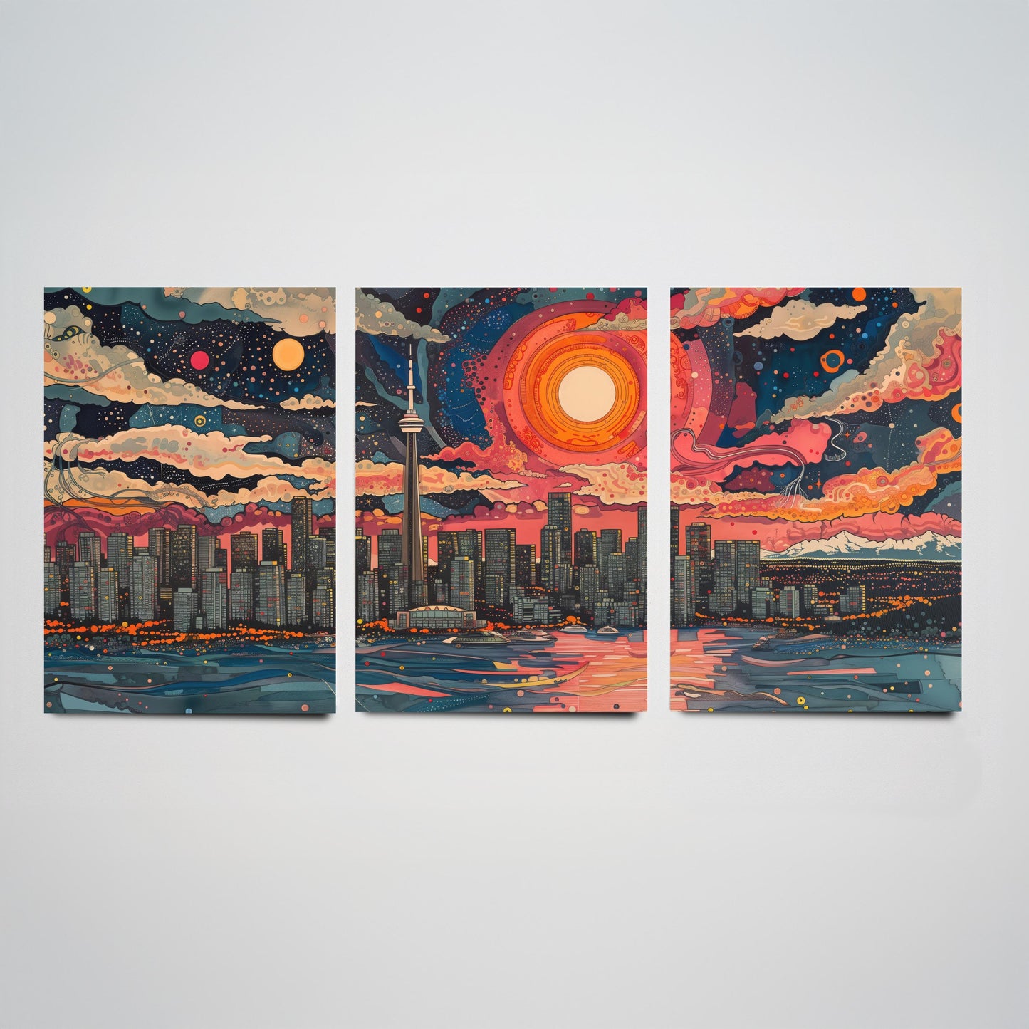 Vancouver Skyline Set of Three Art Prints - Colourful Big Sun Cityscape - Psychedelic Line Illustration Poster Canada Wall Decor