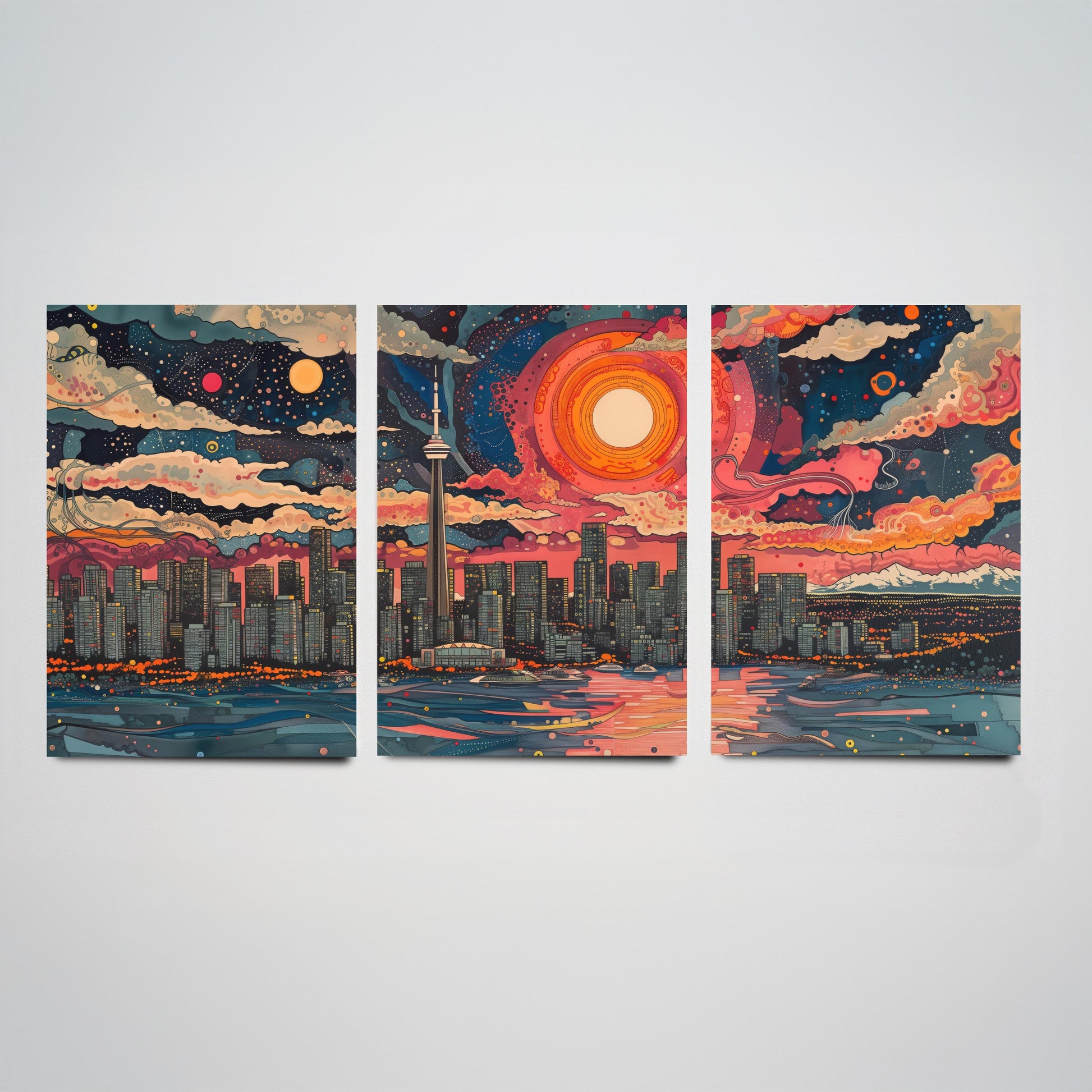Vancouver Skyline Set of Three Art Prints - Colourful Big Sun Cityscape - Psychedelic Line Illustration Poster Canada Wall Decor