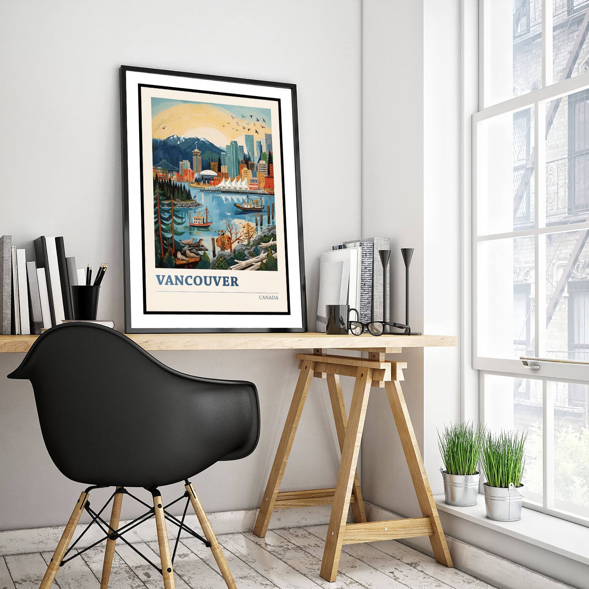 Vancouver Harbour Travel Poster - Seals and Ships Art Print - Bold Colourful Canada Skyline Illustration V2 1/3