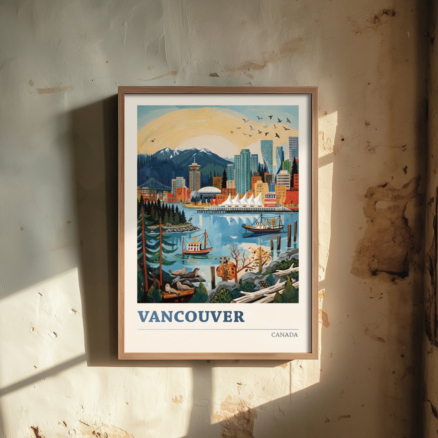Vancouver Harbour Travel Poster - Seals and Ships Art Print - Bold Colourful Canada Skyline Illustration V2 1/3