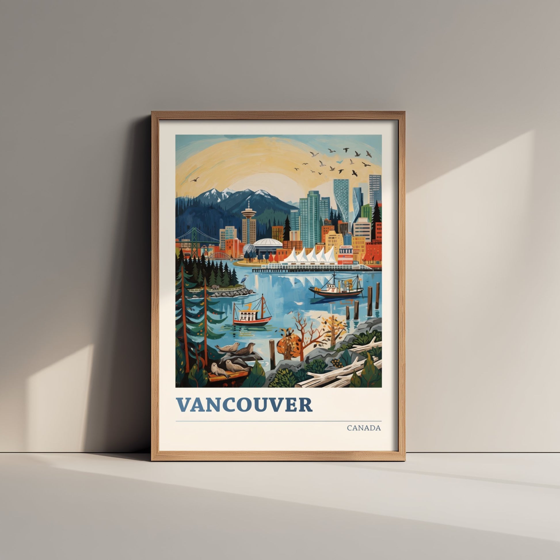 Vancouver Harbour Travel Poster - Seals and Ships Art Print - Bold Colourful Canada Skyline Illustration V2 1/3