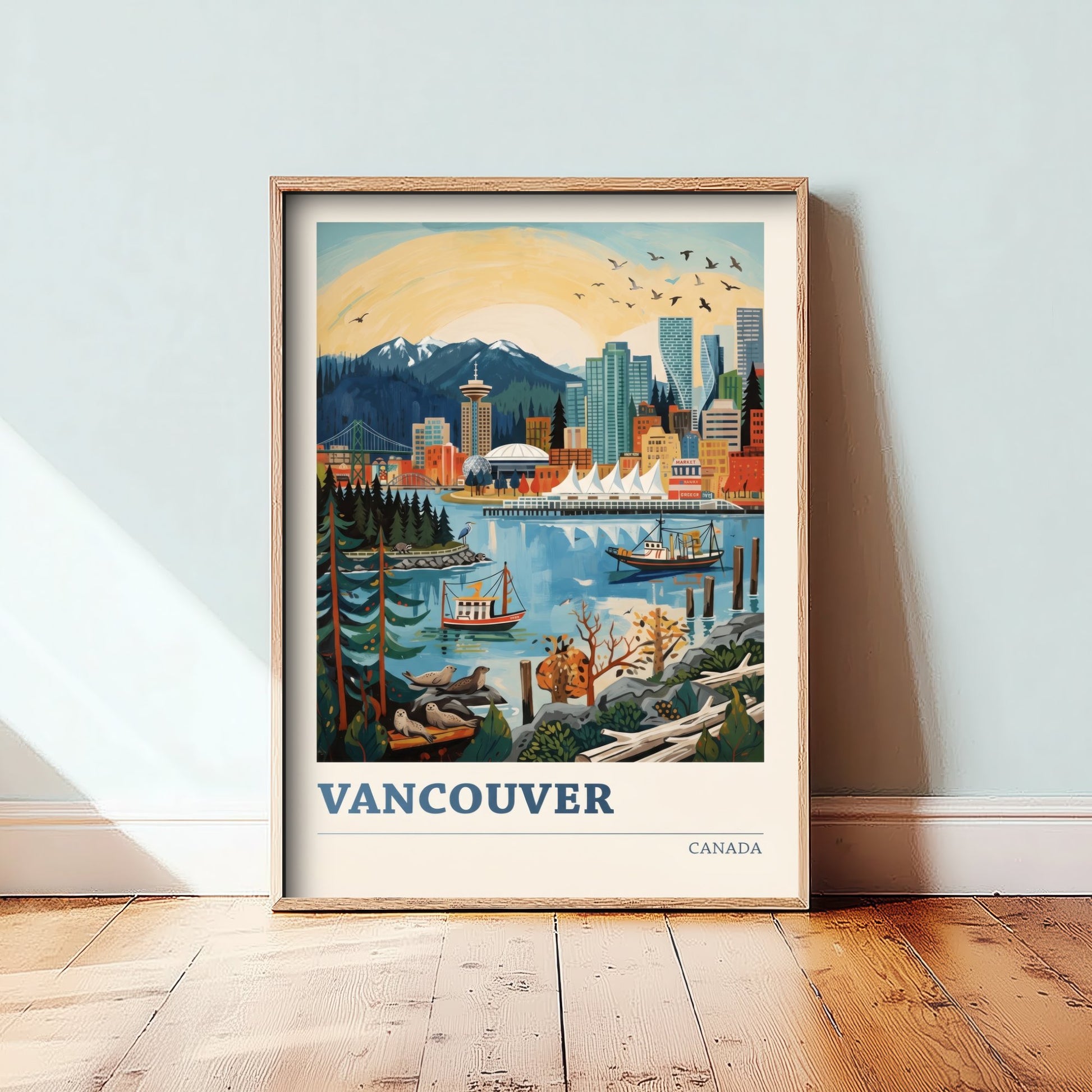 Vancouver Harbour Travel Poster - Seals and Ships Art Print - Bold Colourful Canada Skyline Illustration V2 1/3
