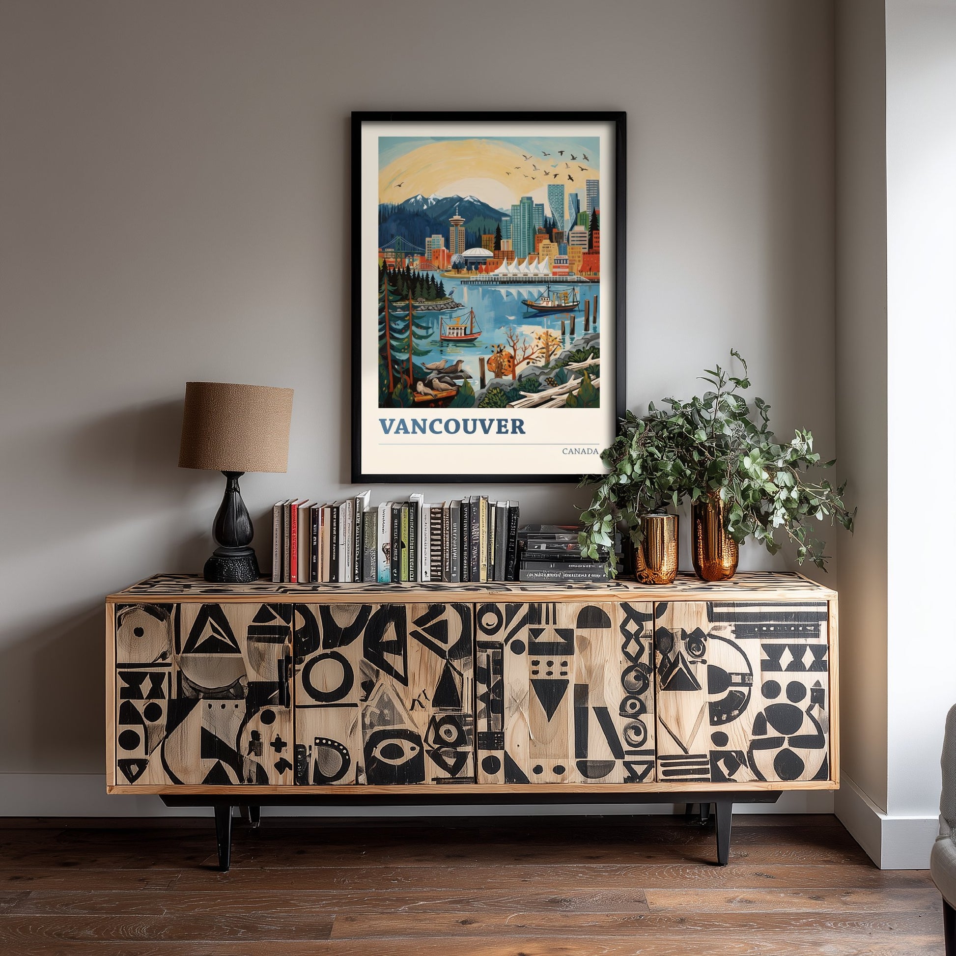 Vancouver Harbour Travel Poster - Seals and Ships Art Print - Bold Colourful Canada Skyline Illustration V2 1/3