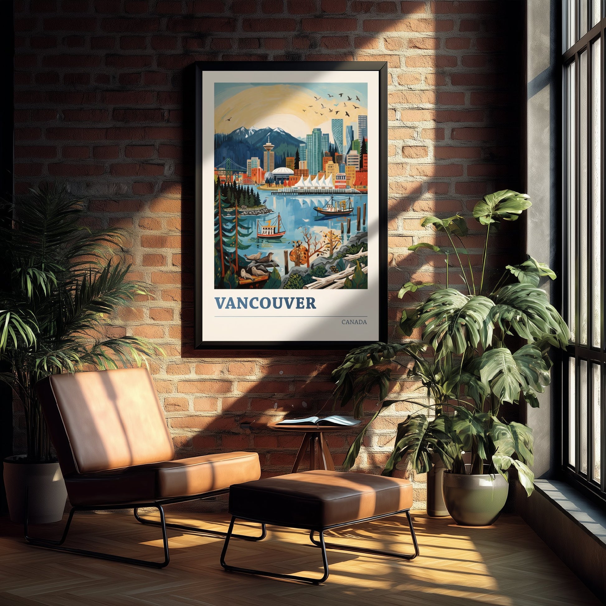 Vancouver Harbour Travel Poster - Seals and Ships Art Print - Bold Colourful Canada Skyline Illustration V2 1/3