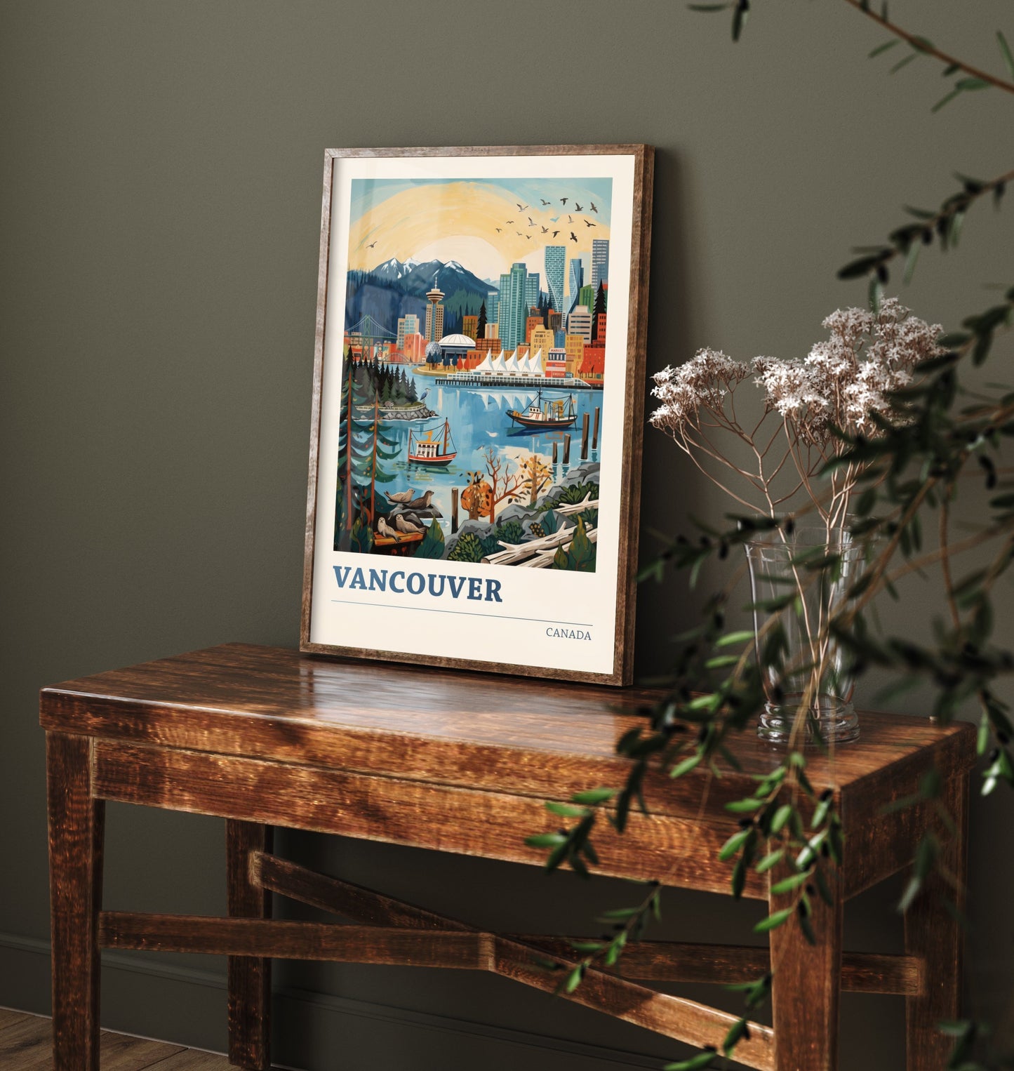 Vancouver Harbour Travel Poster - Seals and Ships Art Print - Bold Colourful Canada Skyline Illustration V2 1/3