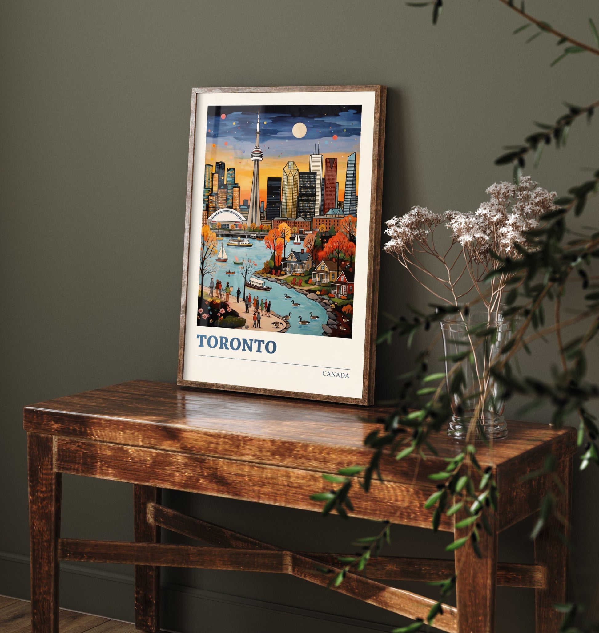 Toronto Travel Poster - CN Tower at Dusk Art Print - Bold Colourful Waterfront Folk Style Illustration V2 3/3
