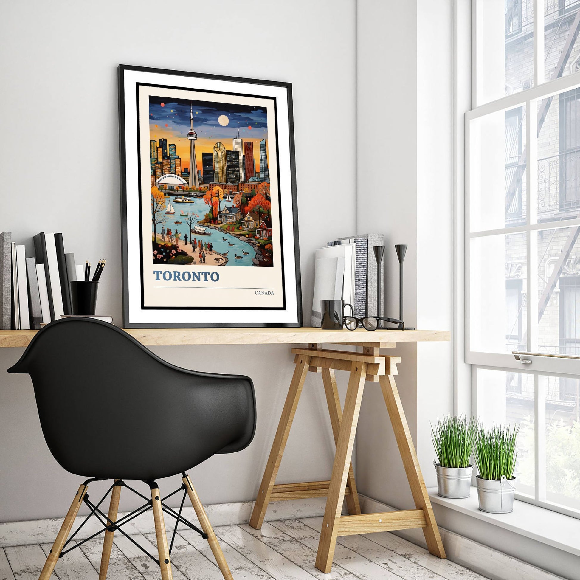 Toronto Travel Poster - CN Tower at Dusk Art Print - Bold Colourful Waterfront Folk Style Illustration V2 3/3