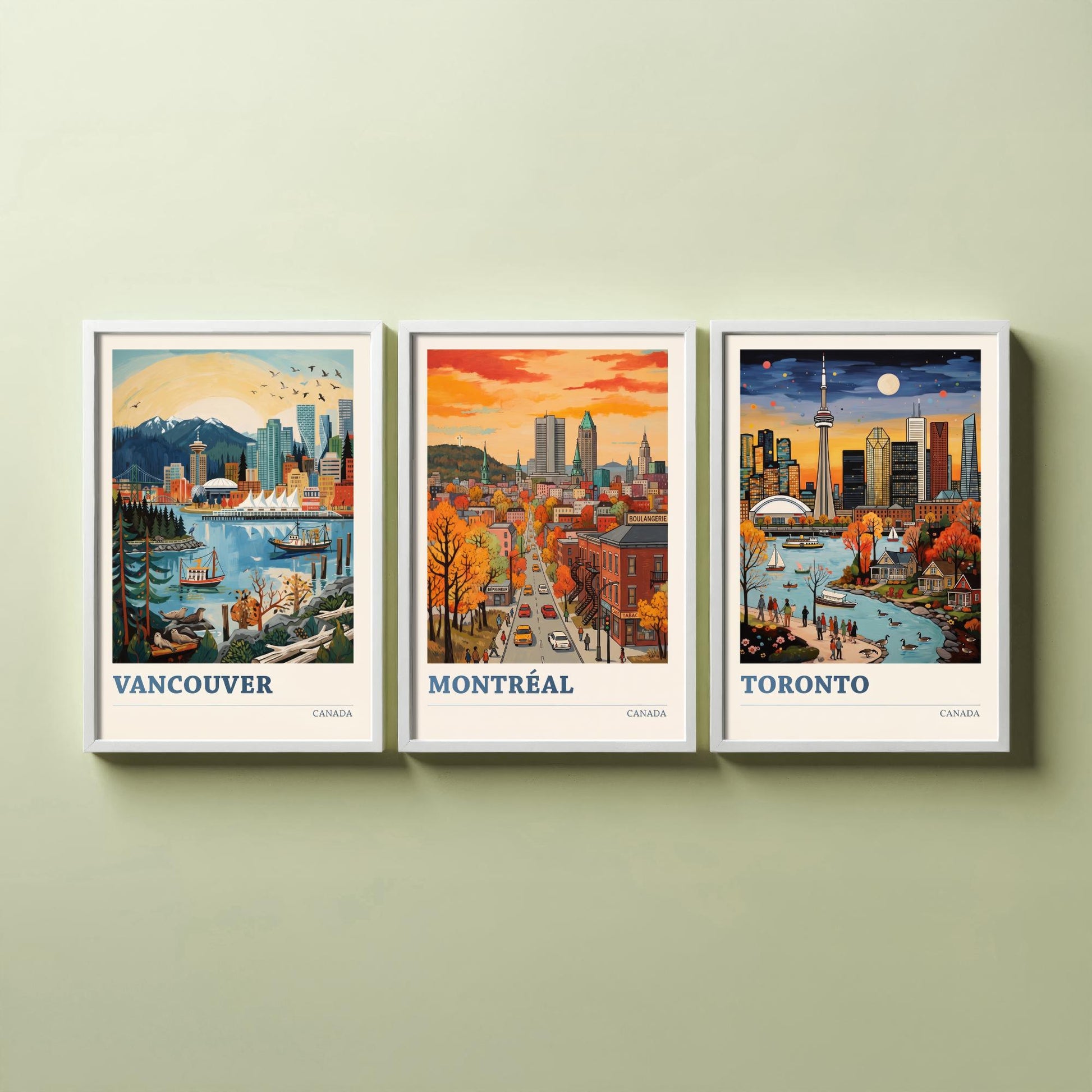 Canada Set of Three Art Prints - Vancouver, Montreal, Toronto - Bold City Skyline Travel Posters - Vibrant Illustration V2