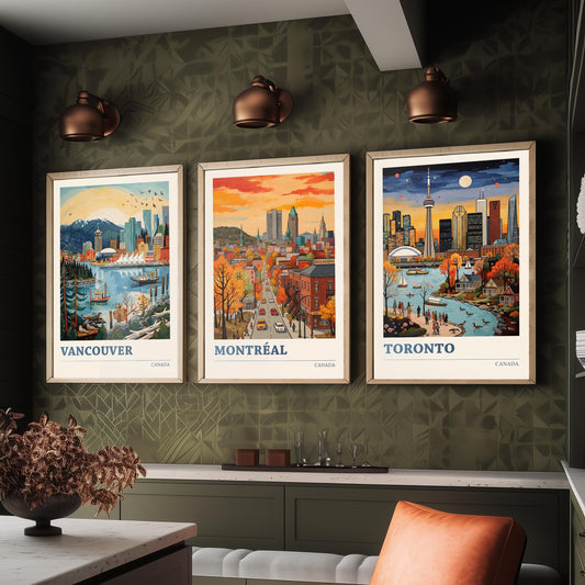 Canada Set of Three Art Prints - Vancouver, Montreal, Toronto - Bold City Skyline Travel Posters - Vibrant Illustration V2