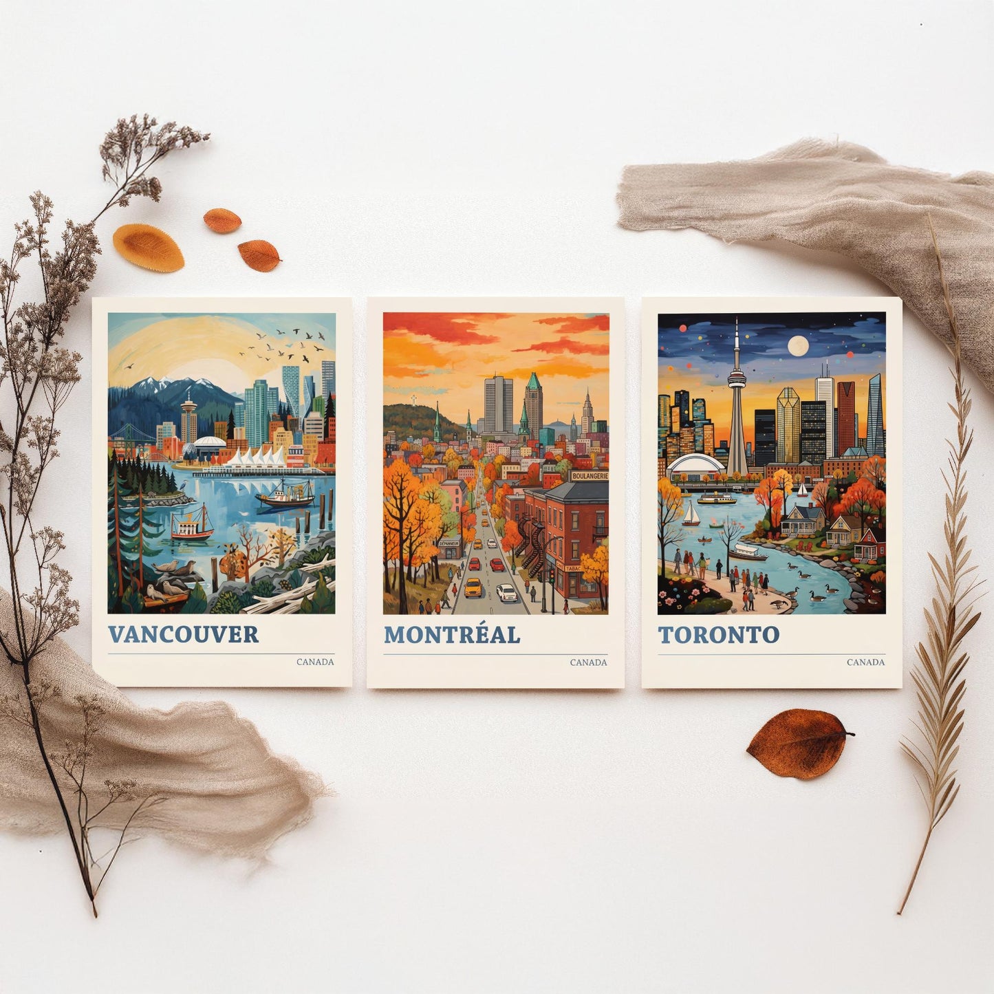 Canada Set of Three Art Prints - Vancouver, Montreal, Toronto - Bold City Skyline Travel Posters - Vibrant Illustration V2