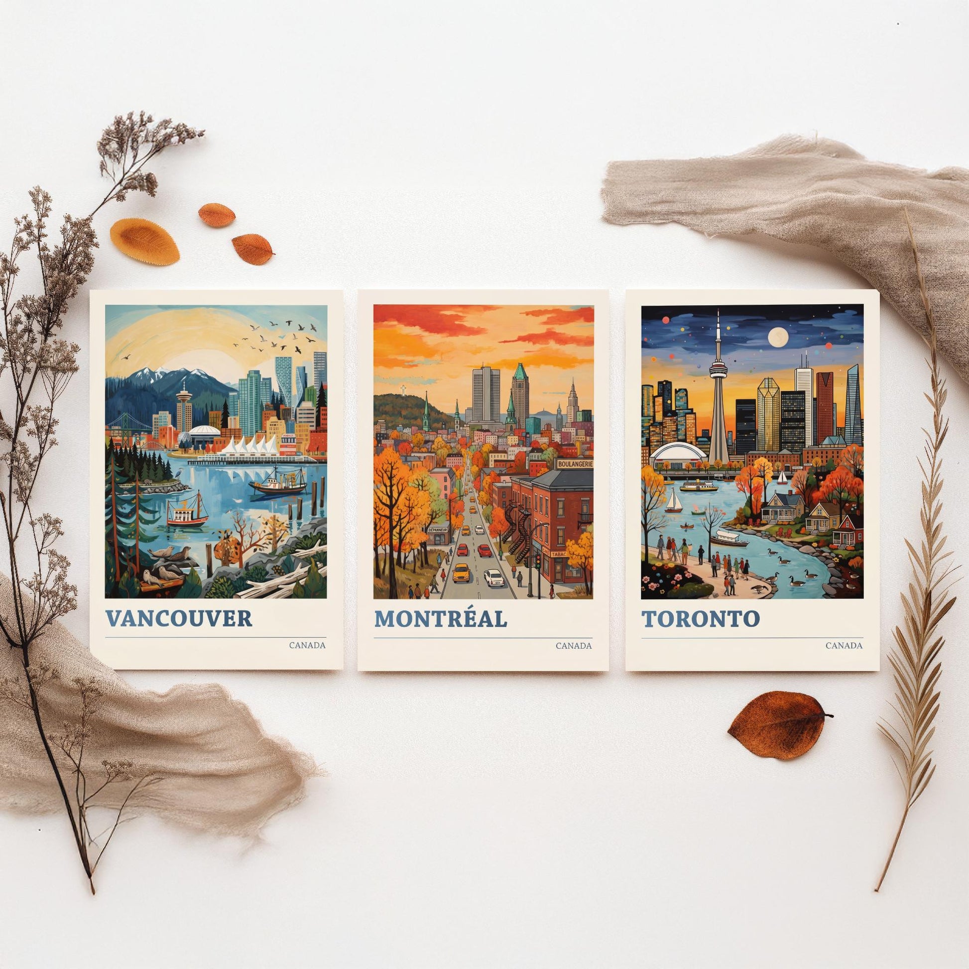 Canada Set of Three Art Prints - Vancouver, Montreal, Toronto - Bold City Skyline Travel Posters - Vibrant Illustration V2