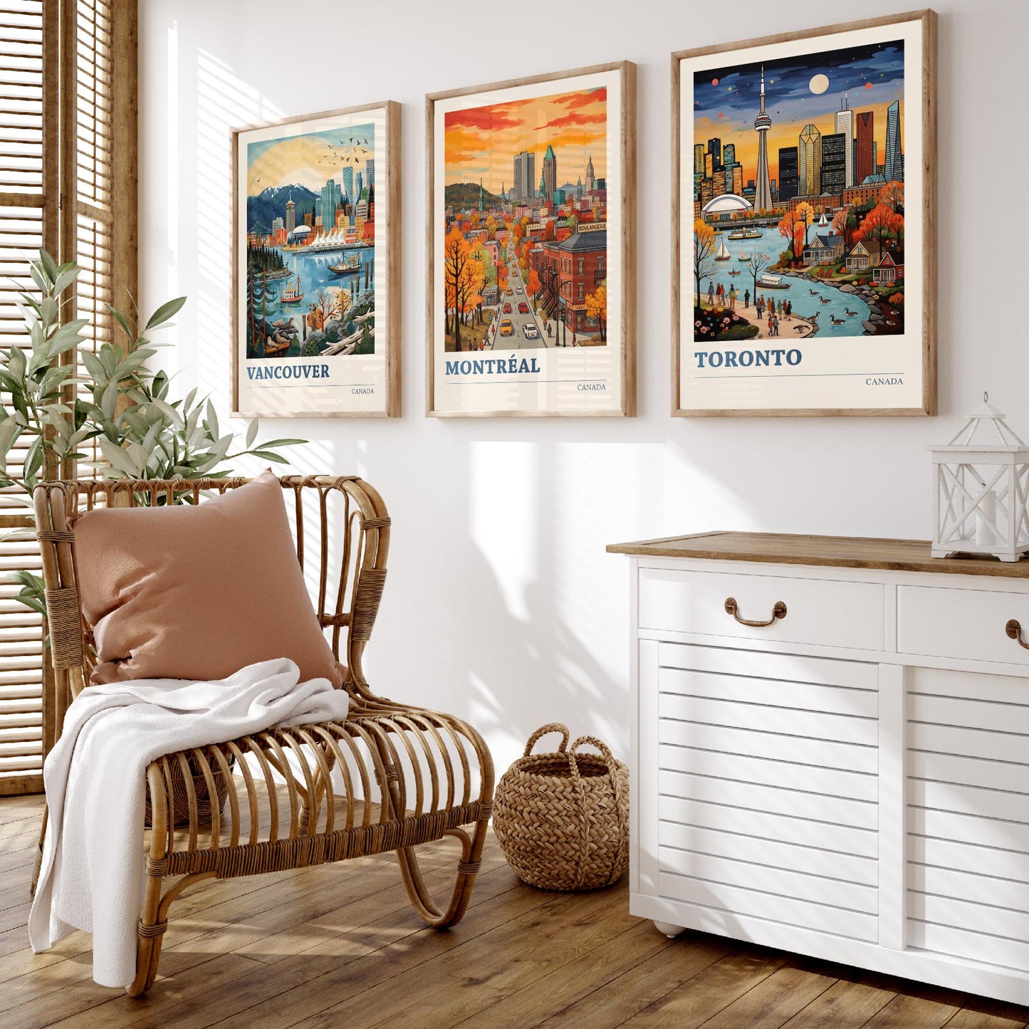 Canada Set of Three Art Prints - Vancouver, Montreal, Toronto - Bold City Skyline Travel Posters - Vibrant Illustration V2