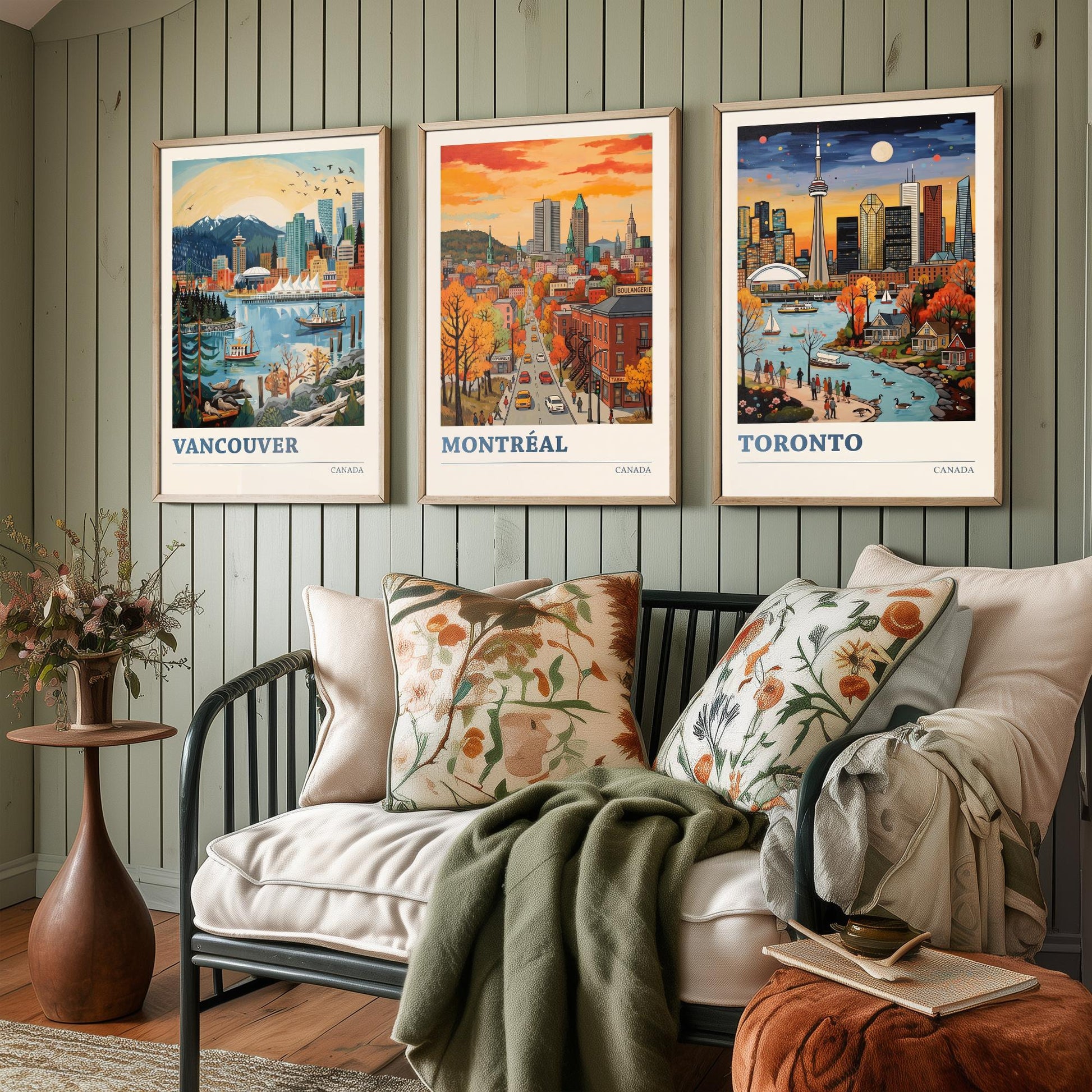 Canada Set of Three Art Prints - Vancouver, Montreal, Toronto - Bold City Skyline Travel Posters - Vibrant Illustration V2