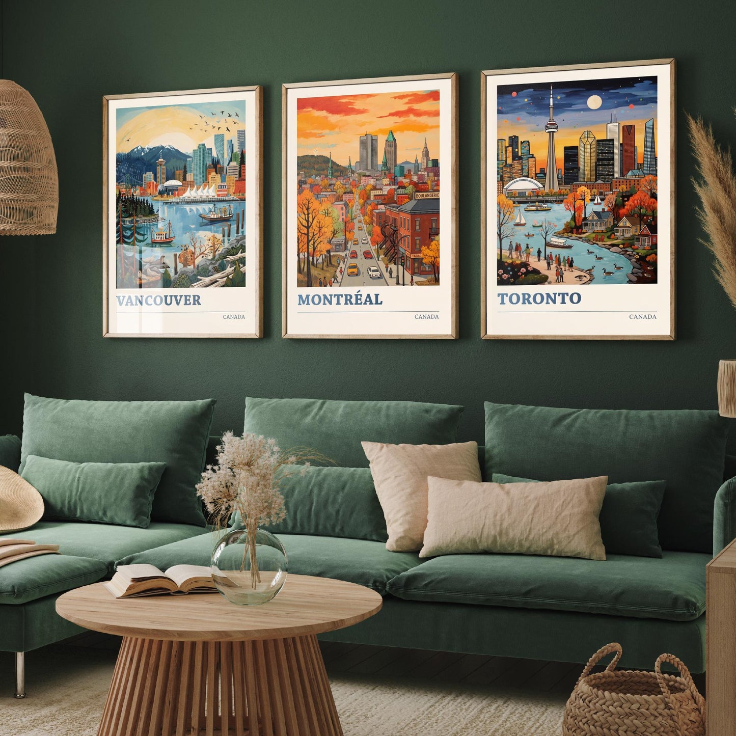 Canada Set of Three Art Prints - Vancouver, Montreal, Toronto - Bold City Skyline Travel Posters - Vibrant Illustration V2