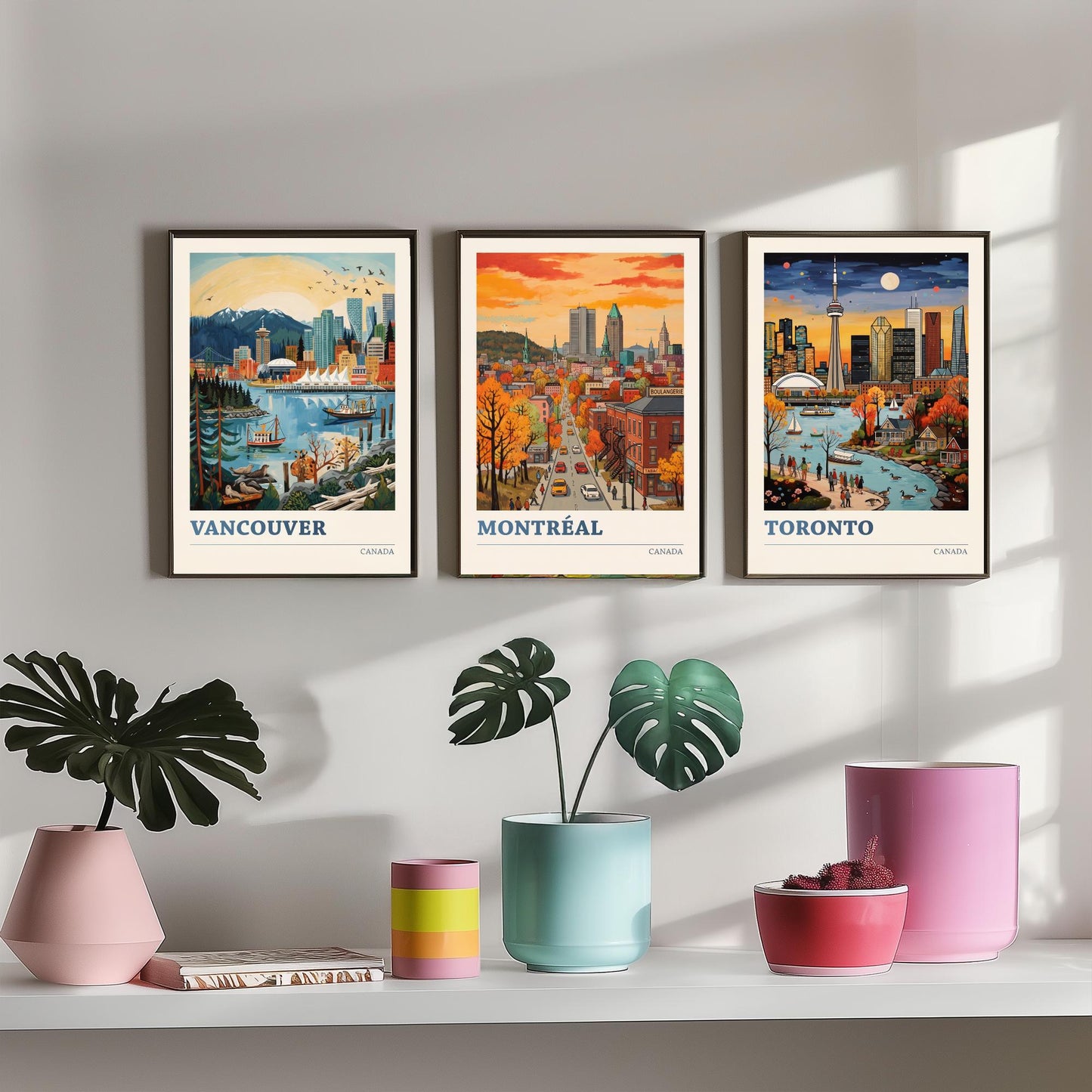 Canada Set of Three Art Prints - Vancouver, Montreal, Toronto - Bold City Skyline Travel Posters - Vibrant Illustration V2