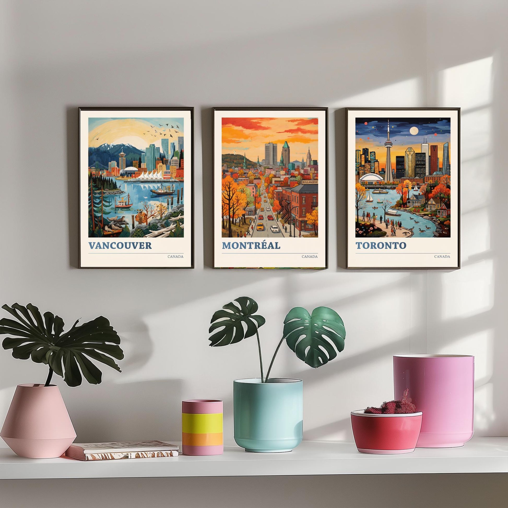 Canada Set of Three Art Prints - Vancouver, Montreal, Toronto - Bold City Skyline Travel Posters - Vibrant Illustration V2