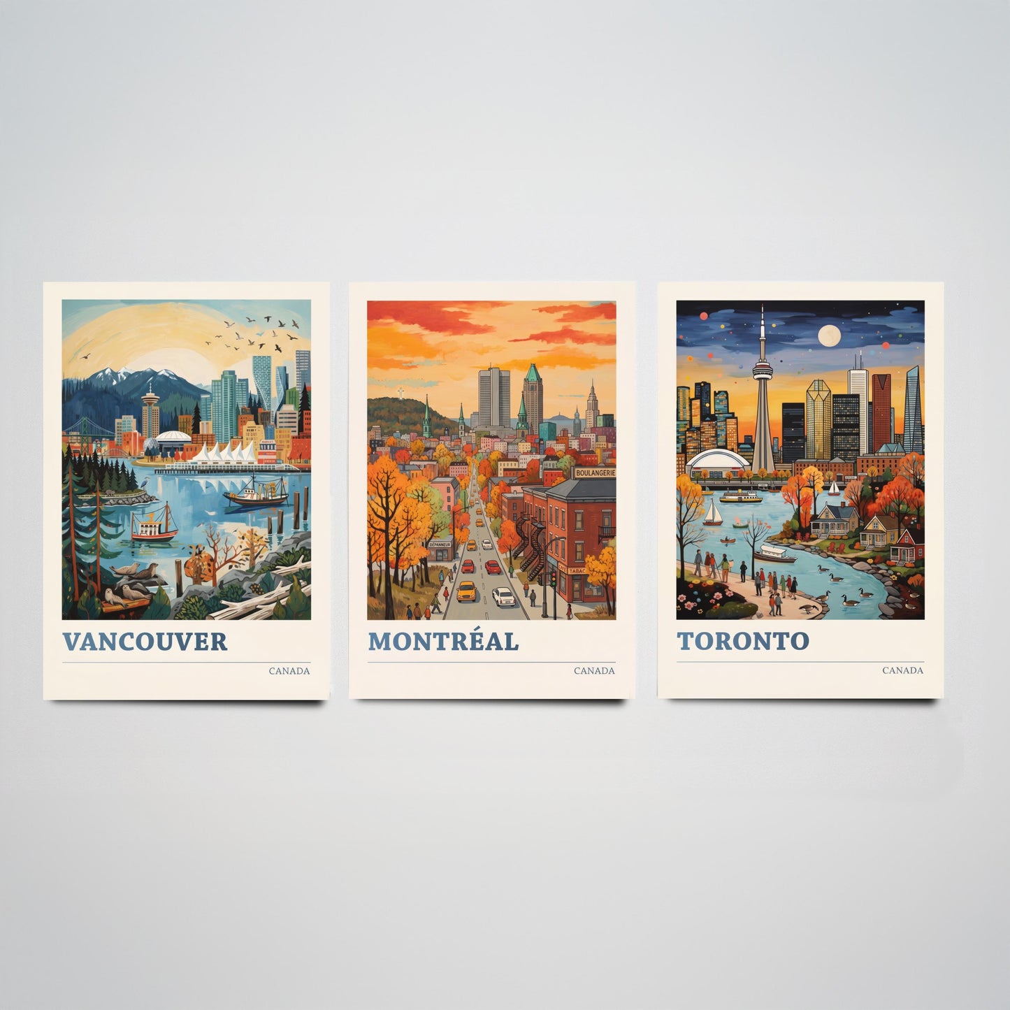 Canada Set of Three Art Prints - Vancouver, Montreal, Toronto - Bold City Skyline Travel Posters - Vibrant Illustration V2