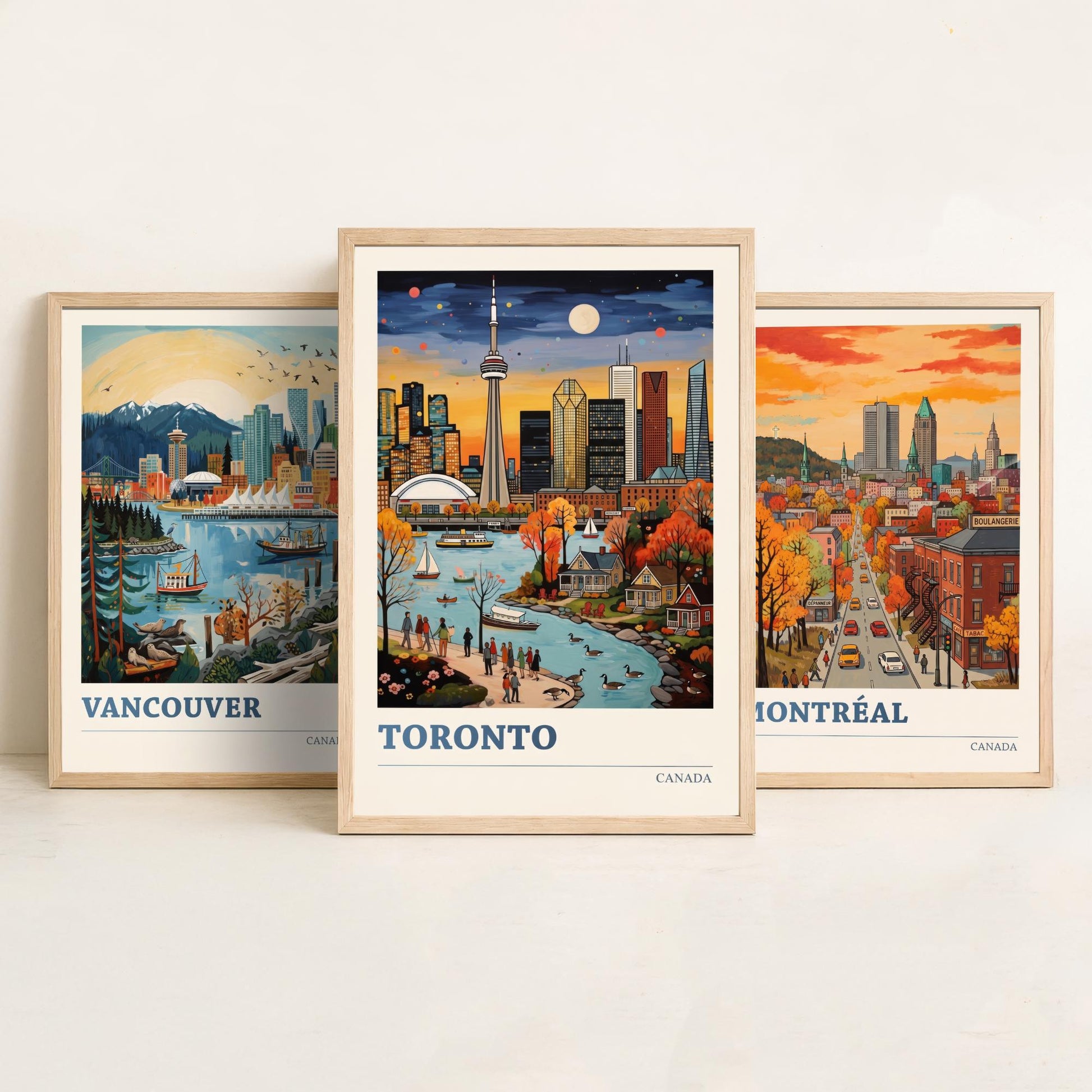 Canada Set of Three Art Prints - Vancouver, Montreal, Toronto - Bold City Skyline Travel Posters - Vibrant Illustration V2