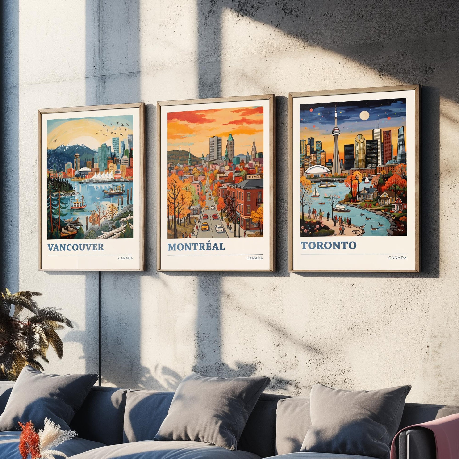 Canada Set of Three Art Prints - Vancouver, Montreal, Toronto - Bold City Skyline Travel Posters - Vibrant Illustration V2