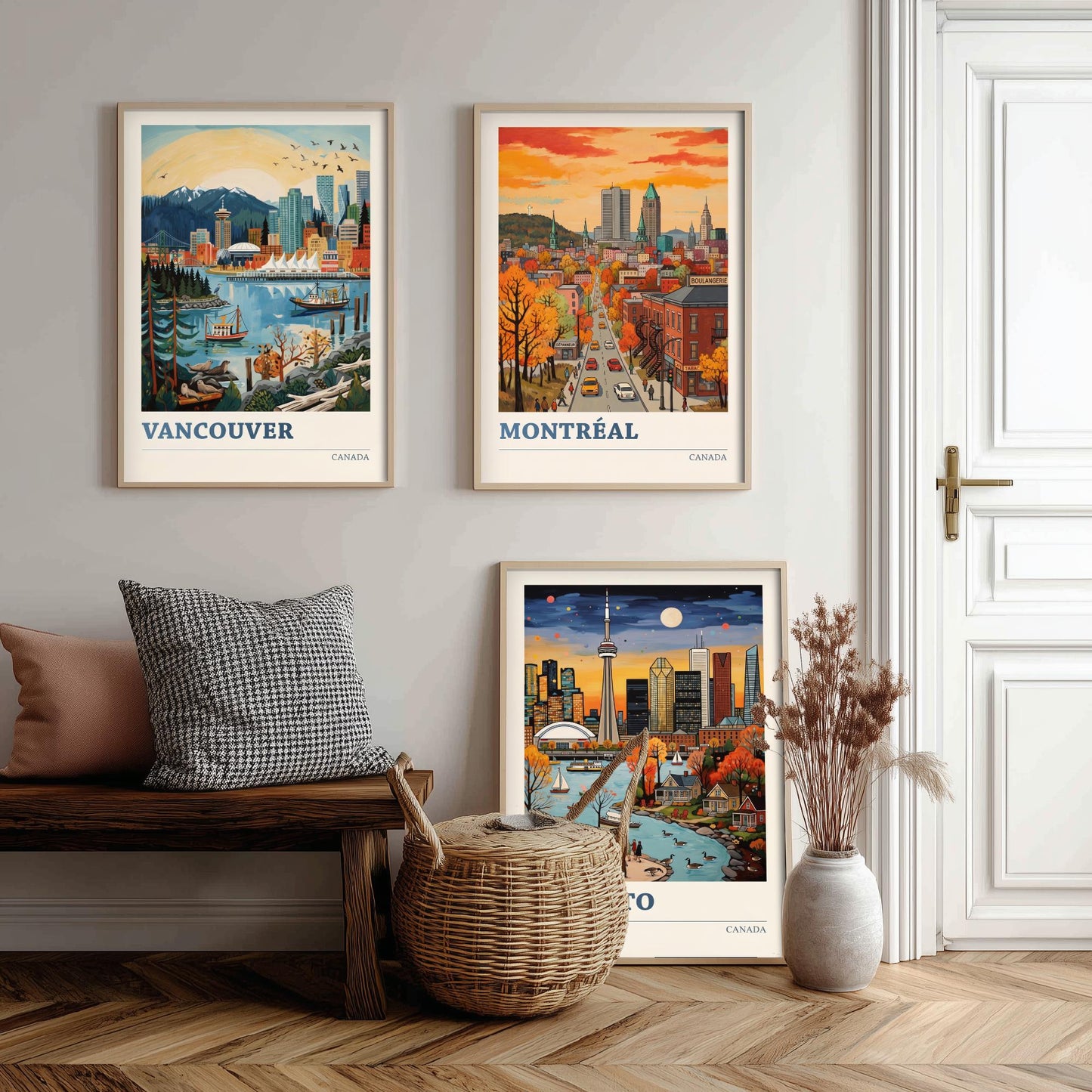 Canada Set of Three Art Prints - Vancouver, Montreal, Toronto - Bold City Skyline Travel Posters - Vibrant Illustration V2
