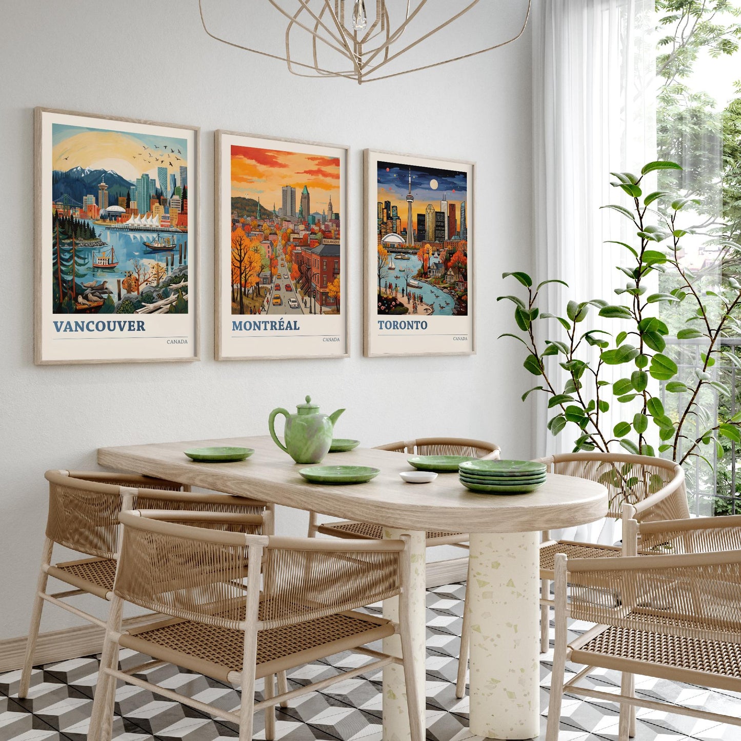 Canada Set of Three Art Prints - Vancouver, Montreal, Toronto - Bold City Skyline Travel Posters - Vibrant Illustration V2