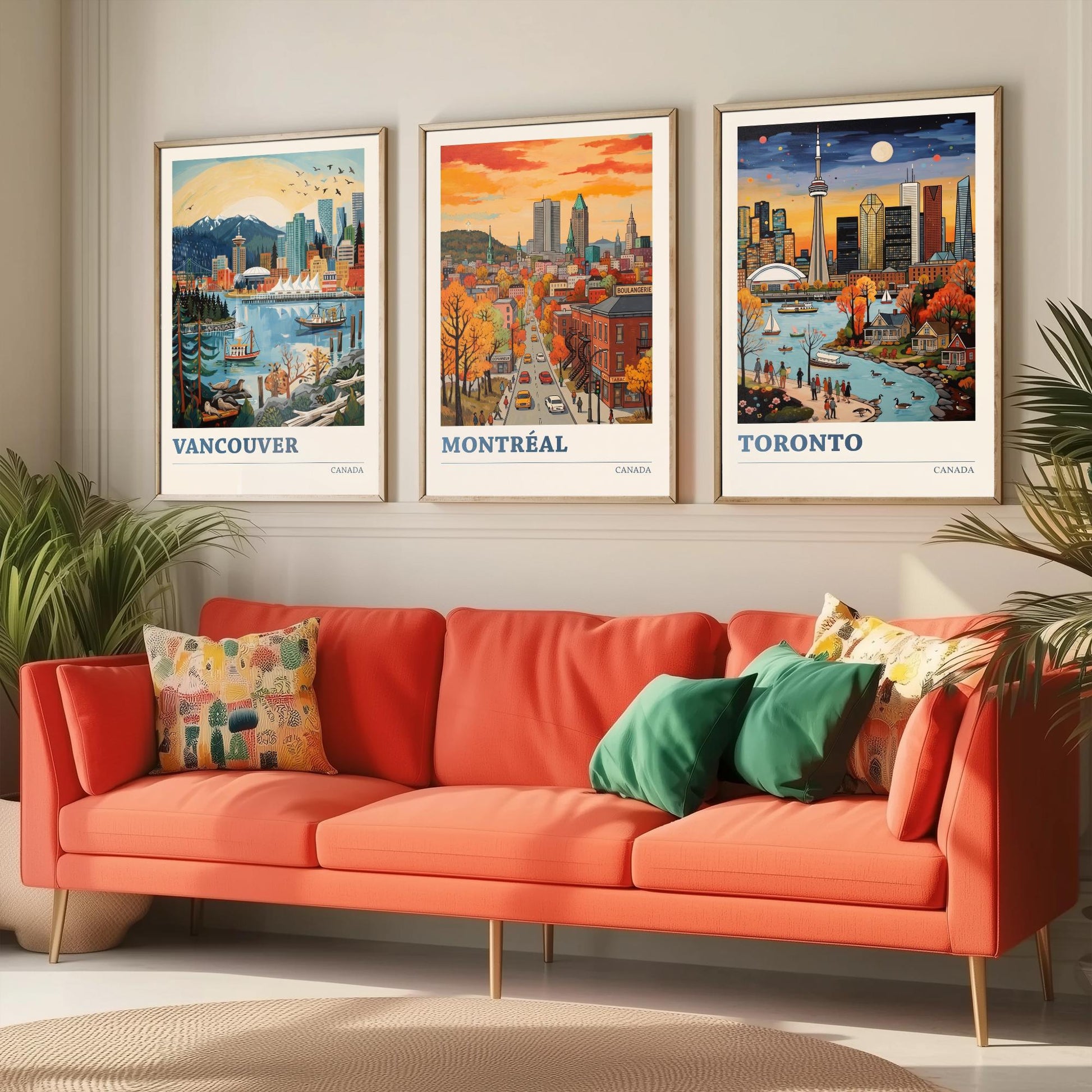 Canada Set of Three Art Prints - Vancouver, Montreal, Toronto - Bold City Skyline Travel Posters - Vibrant Illustration V2