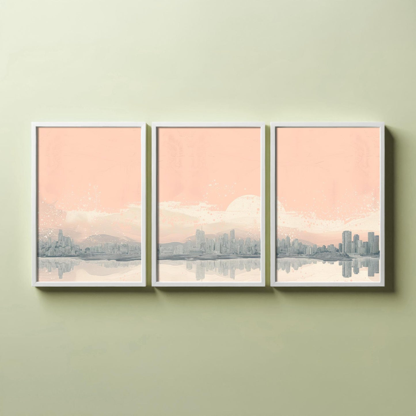 Vancouver Skyline Set of Three Prints - Mountain Panorama - Pale Pink Grey Line Illustration City Poster Wall Art Canada