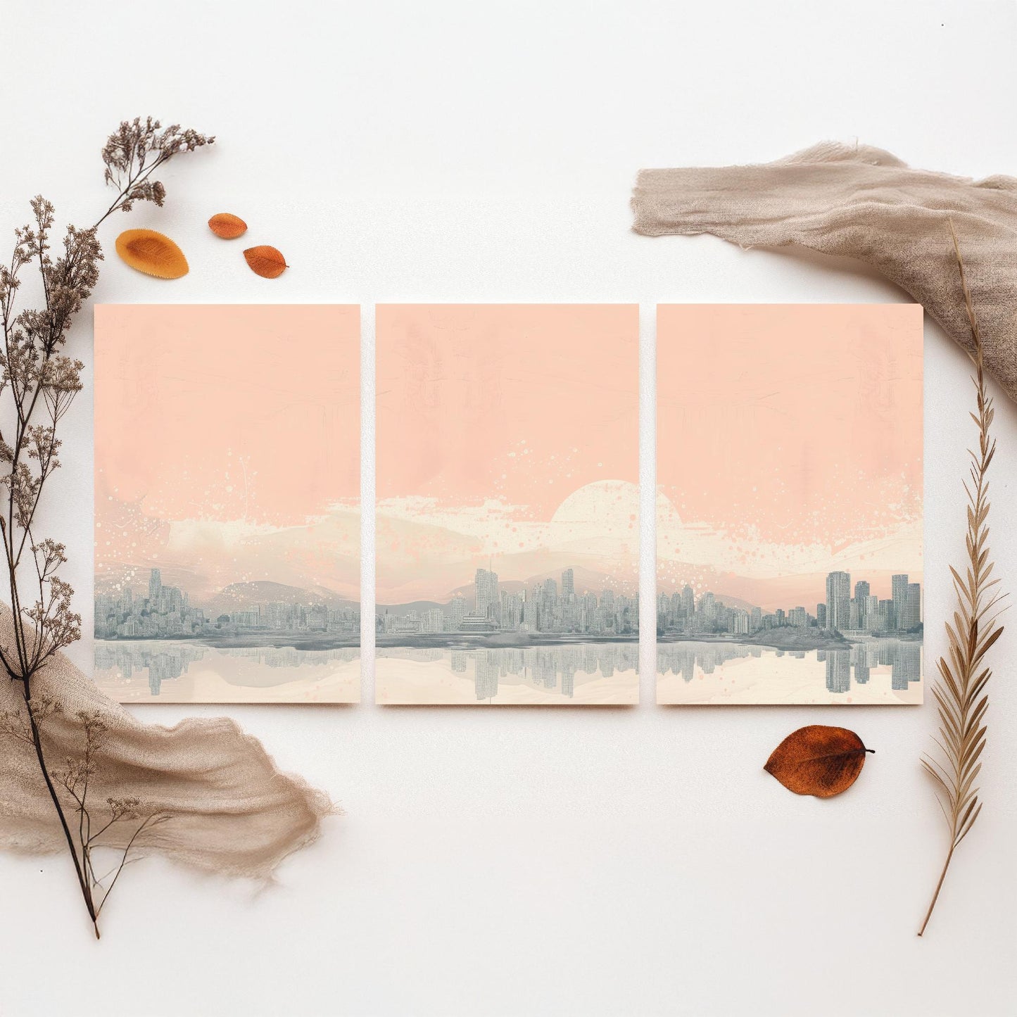 Vancouver Skyline Set of Three Prints - Mountain Panorama - Pale Pink Grey Line Illustration City Poster Wall Art Canada